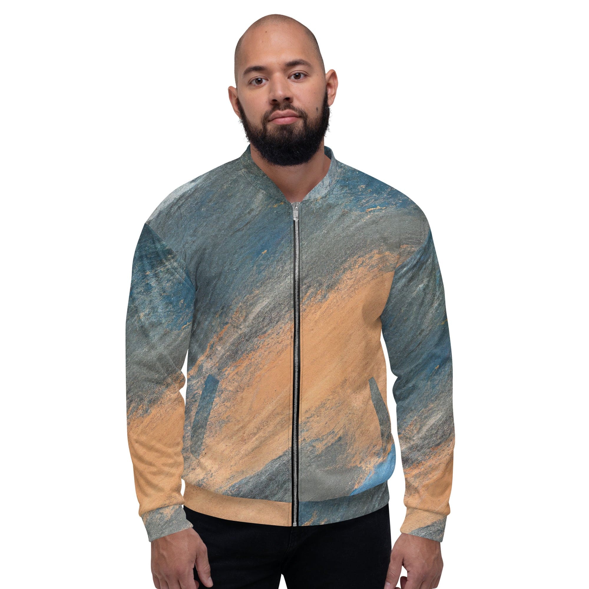 Men's bomber jacket featuring a blue and orange abstract pattern, zip-front closure, and ribbed cuffs, ideal for stylish layering.