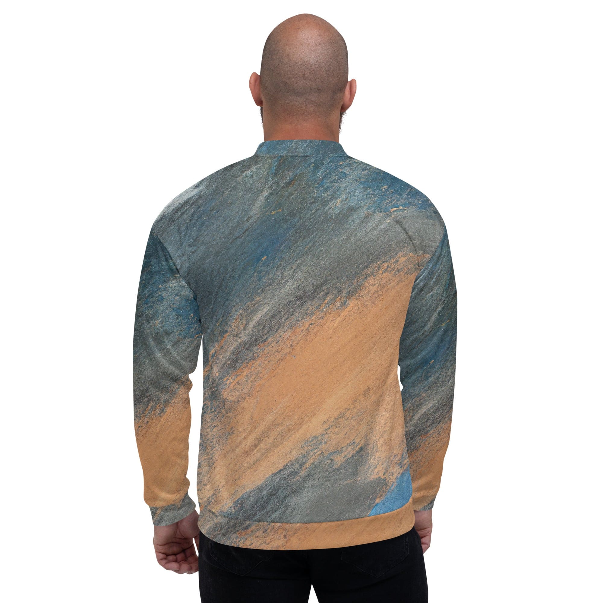 Men's bomber jacket featuring a blue and orange abstract pattern, zip-front closure, and ribbed cuffs, ideal for stylish layering.