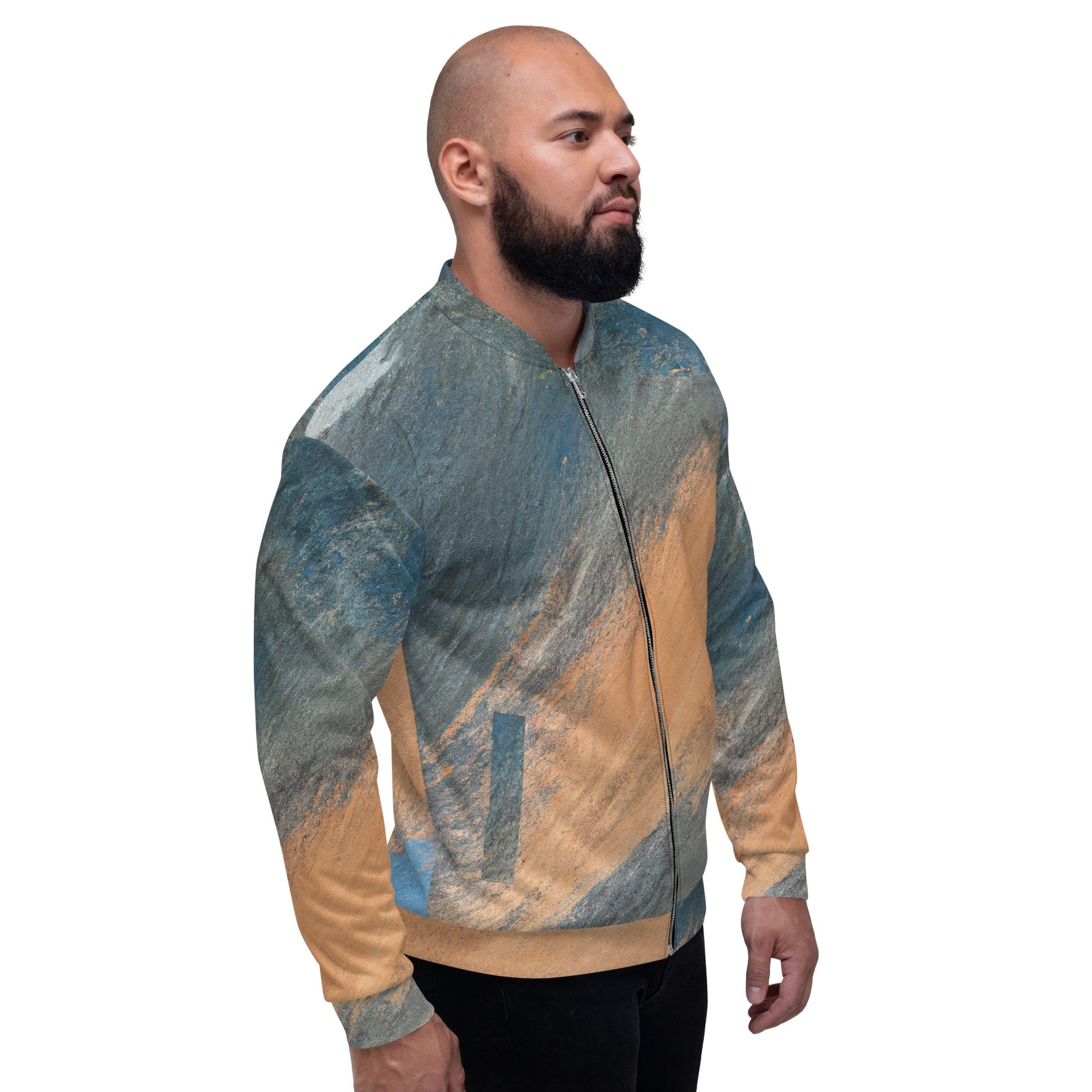 Men's bomber jacket featuring a blue and orange abstract pattern, zip-front closure, and ribbed cuffs, ideal for stylish layering.