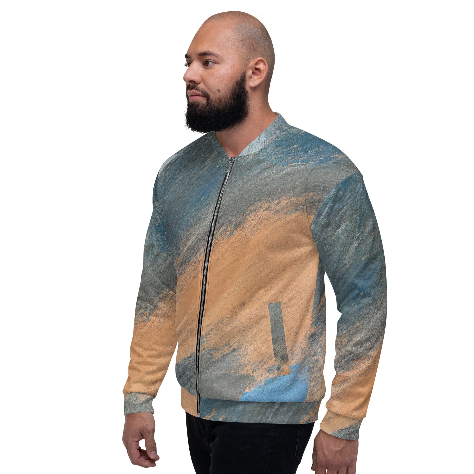 Men's bomber jacket featuring a blue and orange abstract pattern, zip-front closure, and ribbed cuffs, ideal for stylish layering.