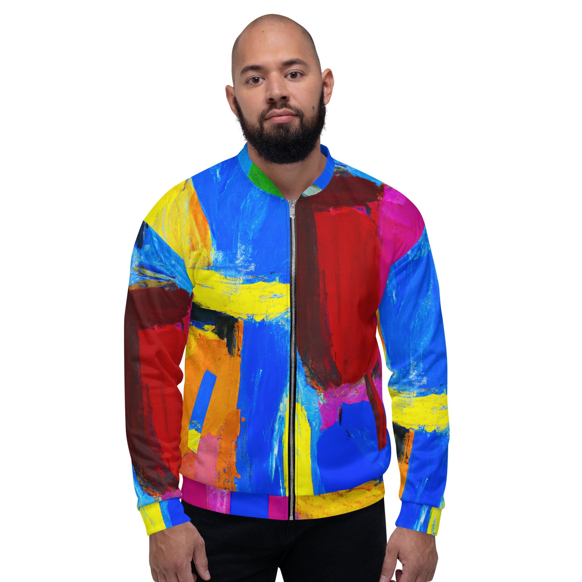 Men's bomber jacket featuring a blue and red abstract pattern, zip-front closure, and ribbed cuffs, perfect for stylish layering.