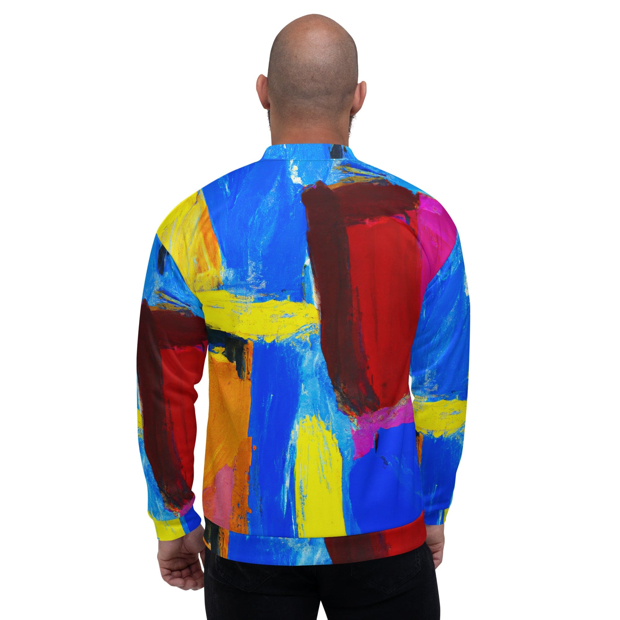 Men's bomber jacket featuring a blue and red abstract pattern, zip-front closure, and ribbed cuffs, perfect for stylish layering.