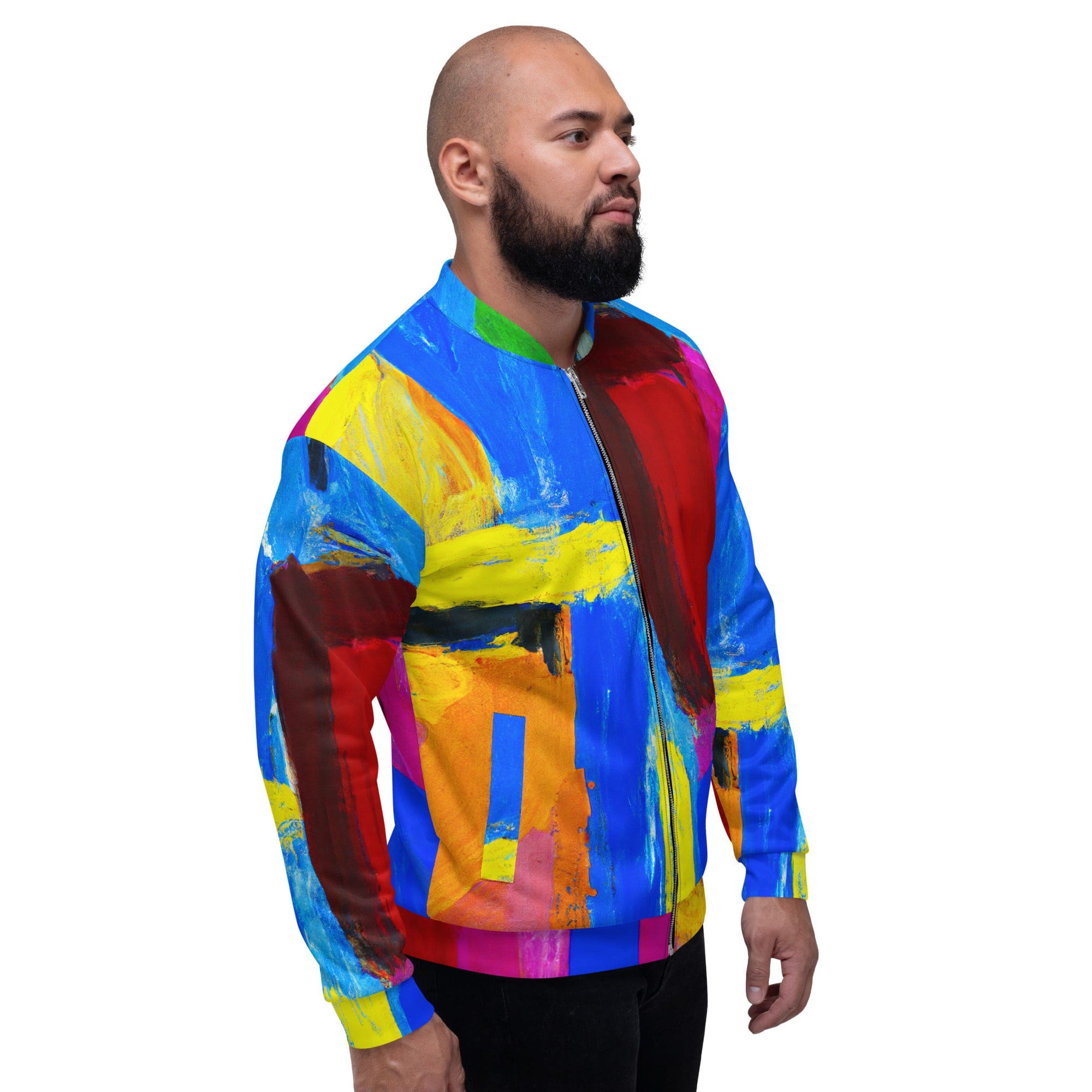 Men's bomber jacket featuring a blue and red abstract pattern, zip-front closure, and ribbed cuffs, perfect for stylish layering.