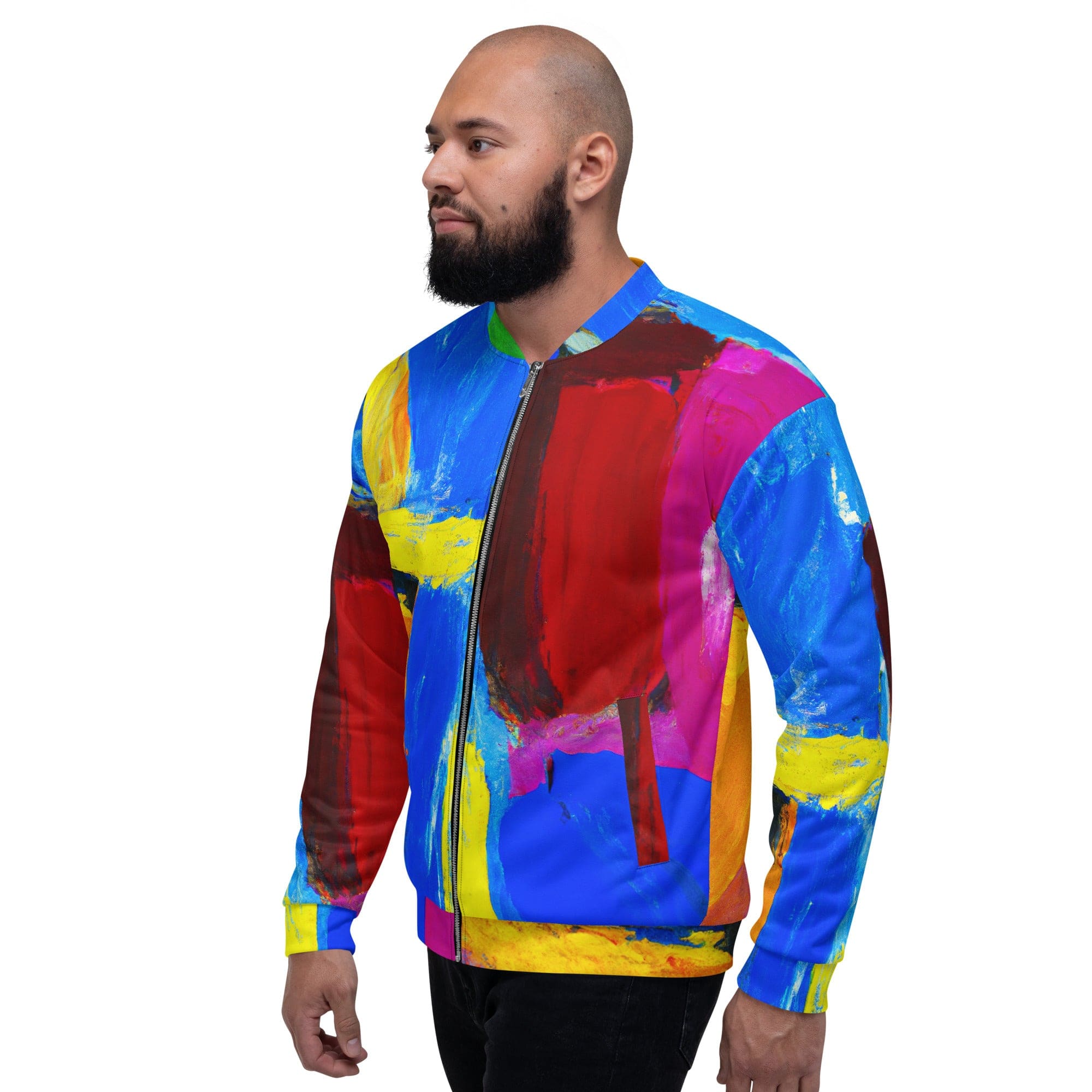 Men's bomber jacket featuring a blue and red abstract pattern, zip-front closure, and ribbed cuffs, perfect for stylish layering.