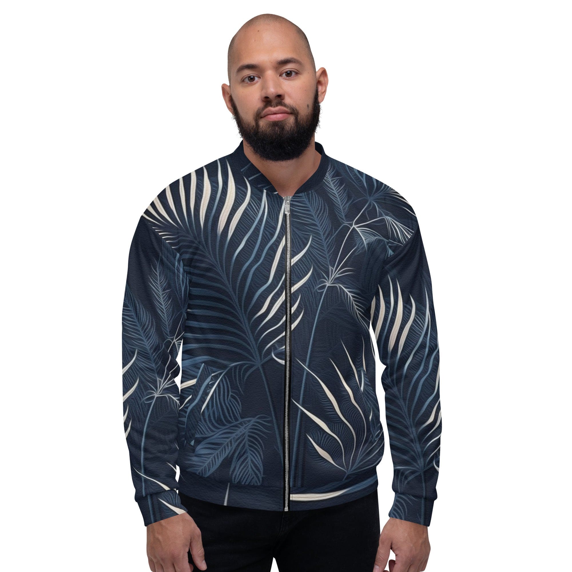 Men's bomber jacket featuring a blue and white palm leaves design, showcasing a zip-front closure and ribbed cuffs.