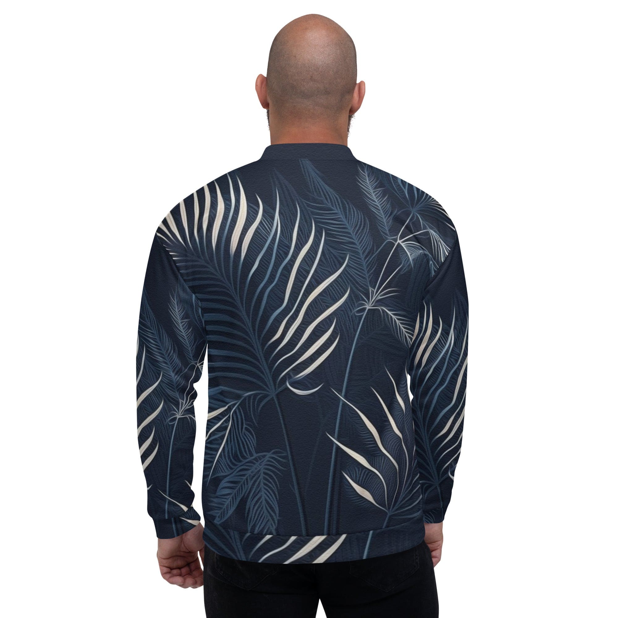 Men's bomber jacket featuring a blue and white palm leaves design, showcasing a zip-front closure and ribbed cuffs.