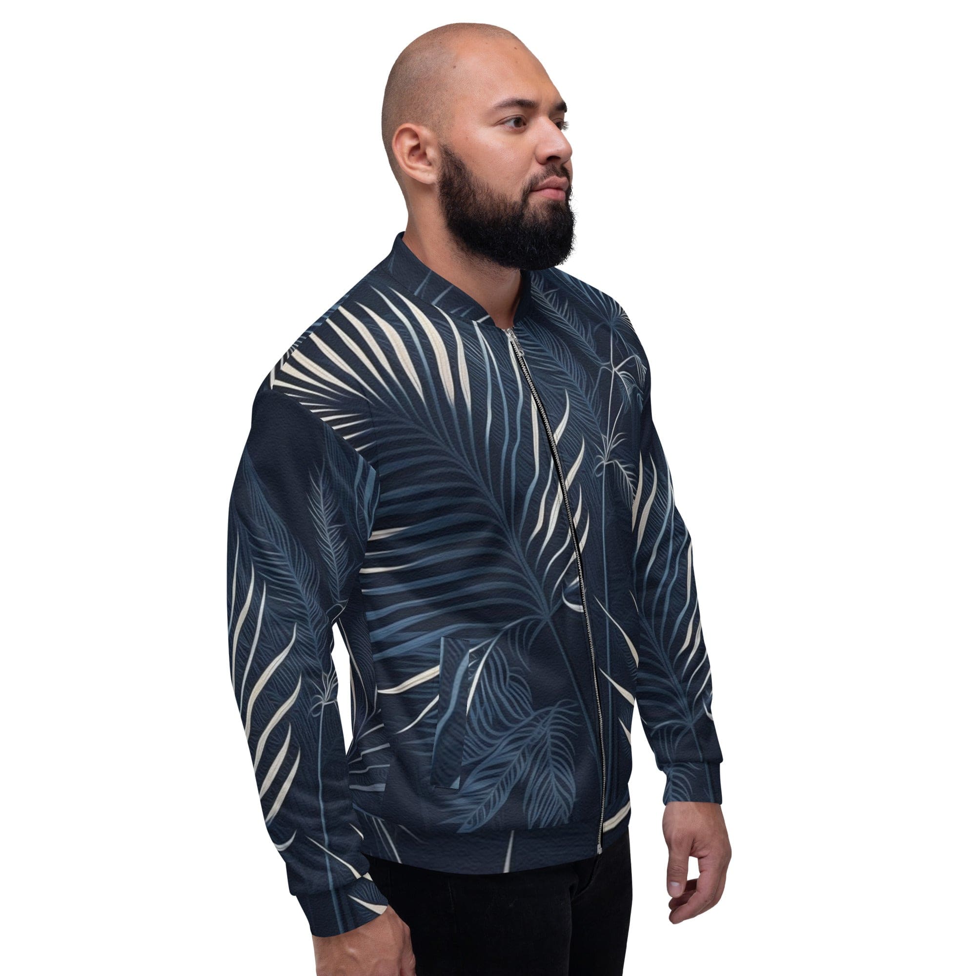 Men's bomber jacket featuring a blue and white palm leaves design, showcasing a zip-front closure and ribbed cuffs.