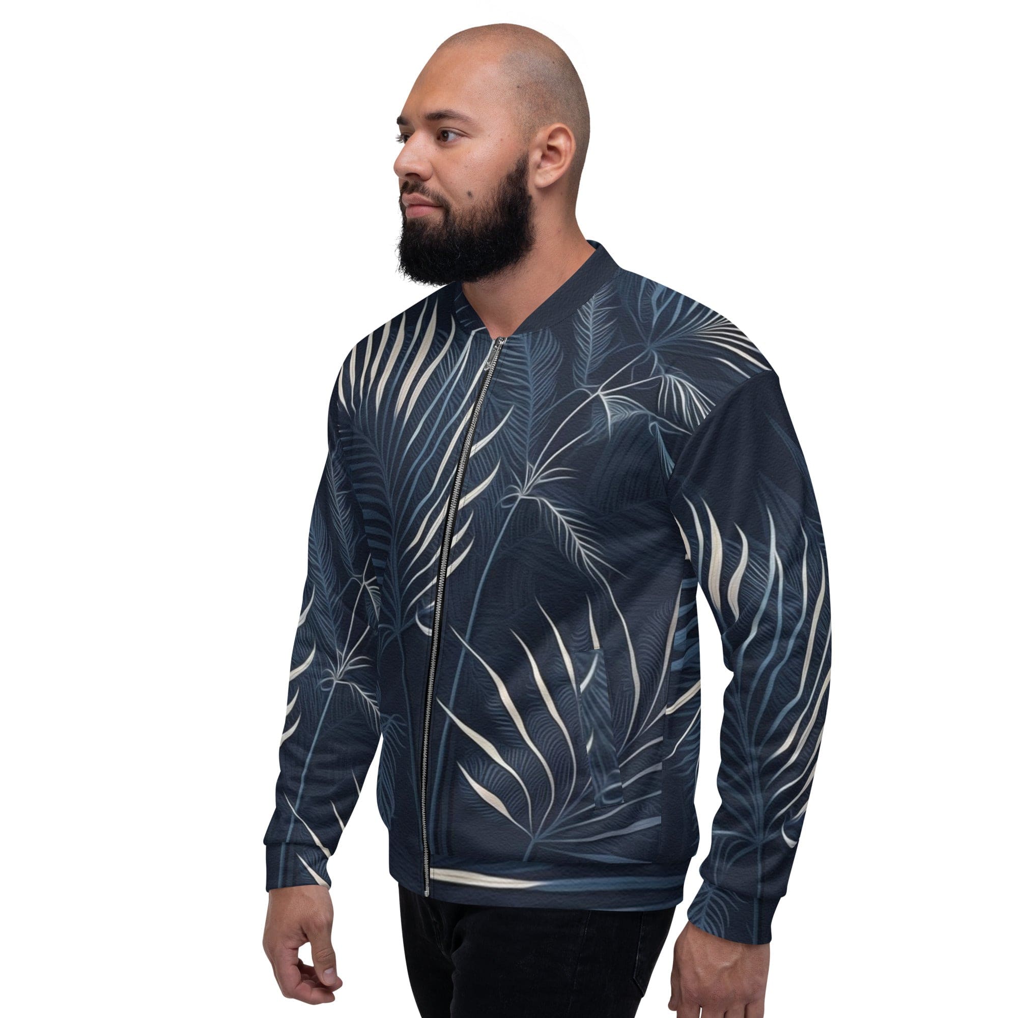 Men's bomber jacket featuring a blue and white palm leaves design, showcasing a zip-front closure and ribbed cuffs.