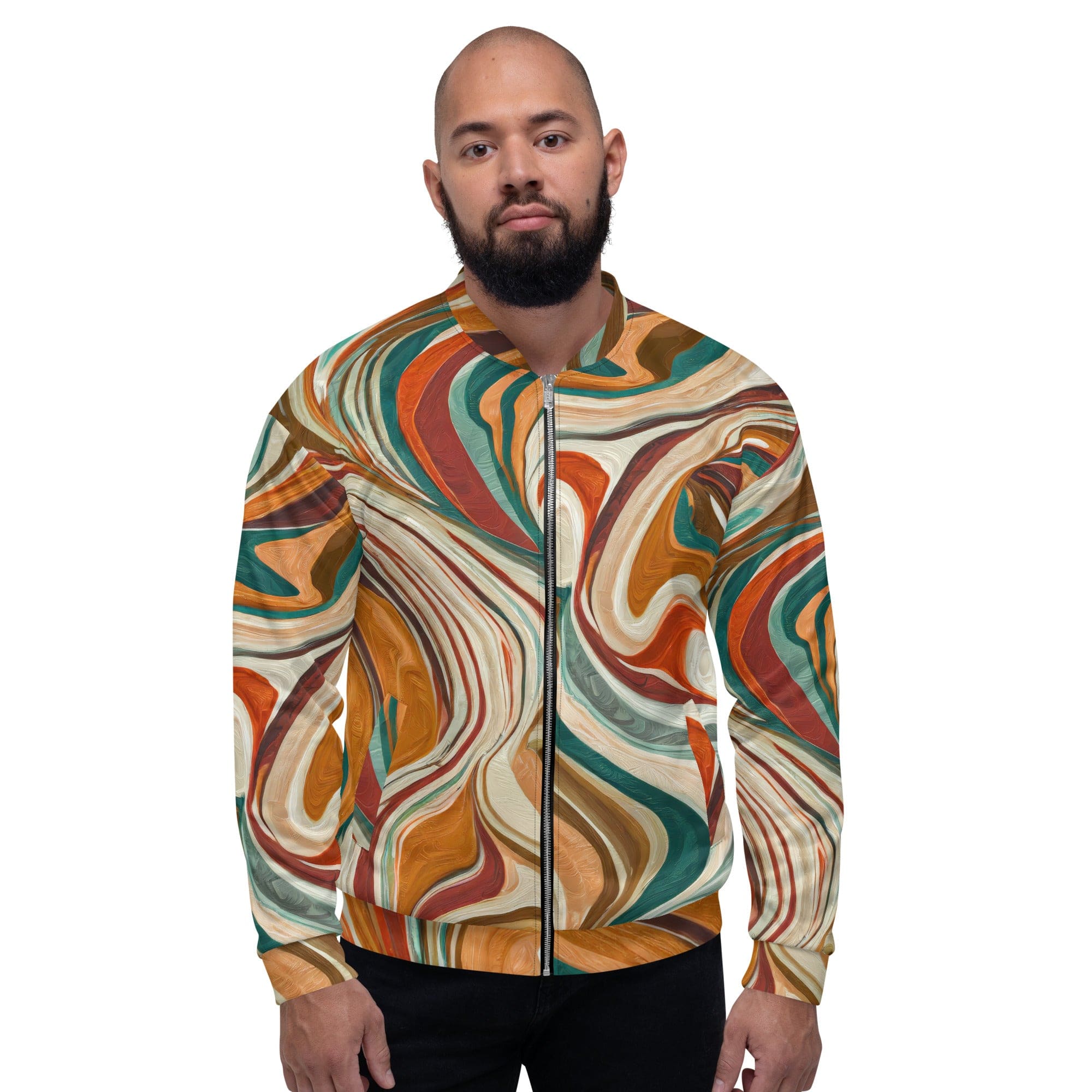 Men's Bomber Jacket in Boho Brown Marble Print featuring zip-front closure and ribbed cuffs, ideal for stylish layering.