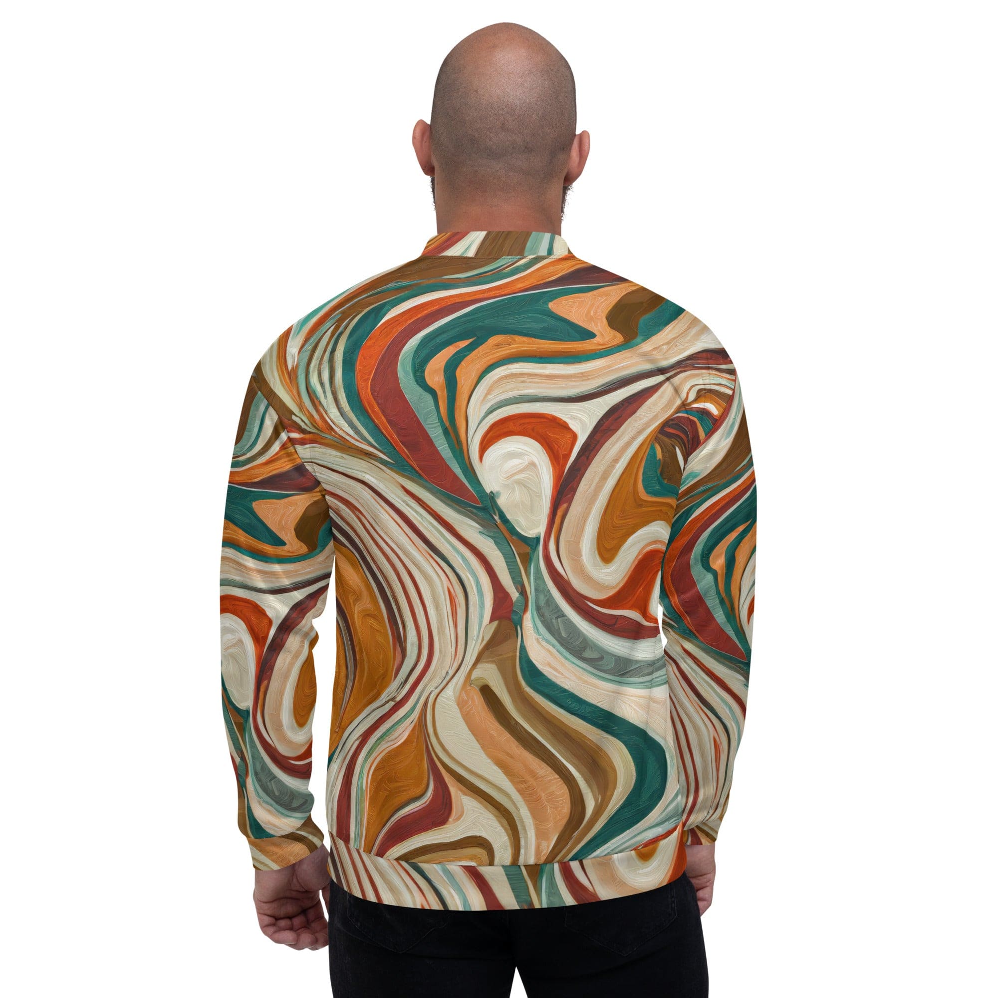 Men's Bomber Jacket in Boho Brown Marble Print featuring zip-front closure and ribbed cuffs, ideal for stylish layering.