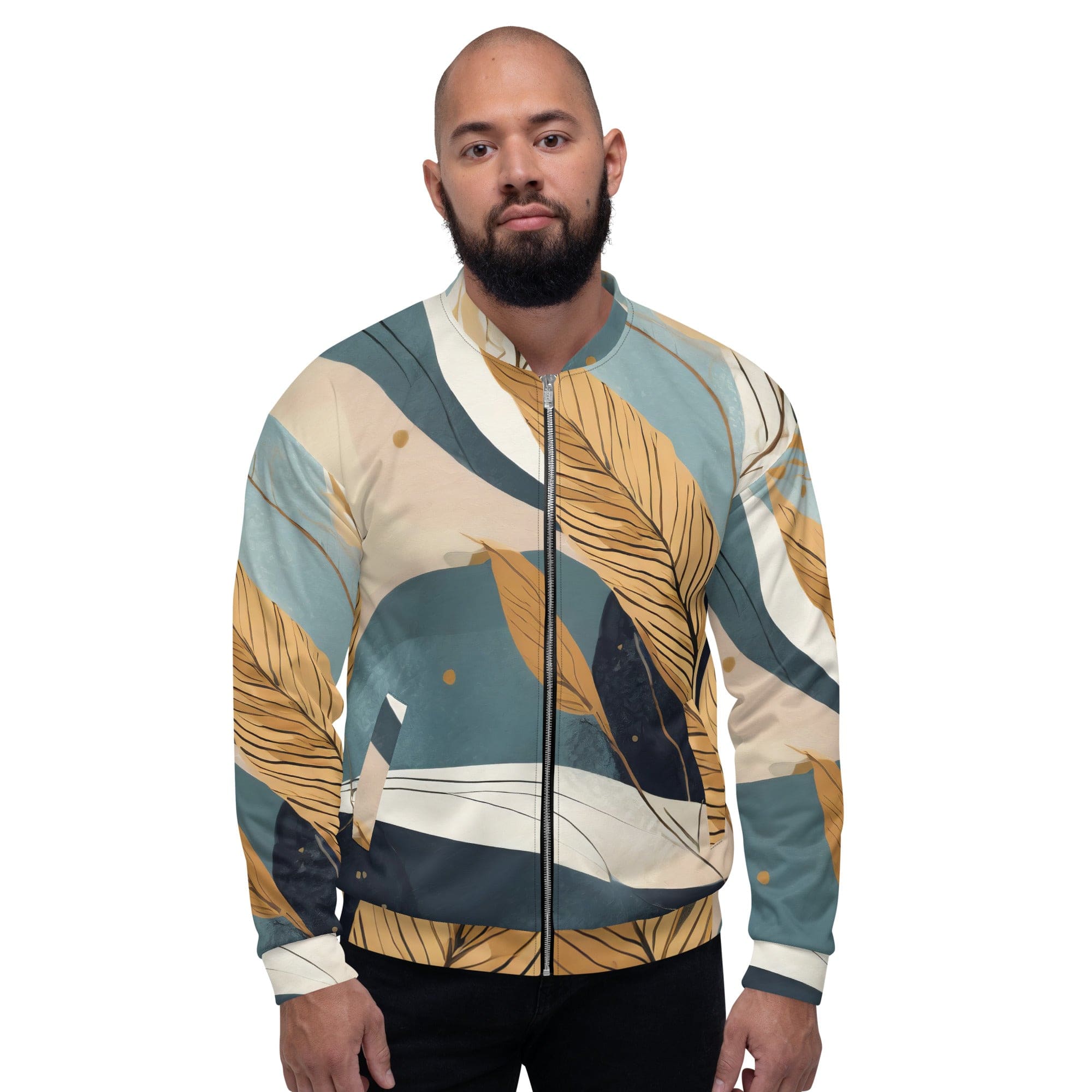 Men's Bomber Jacket featuring a vibrant Boho style print, zip-front closure, and ribbed cuffs, perfect for stylish layering.