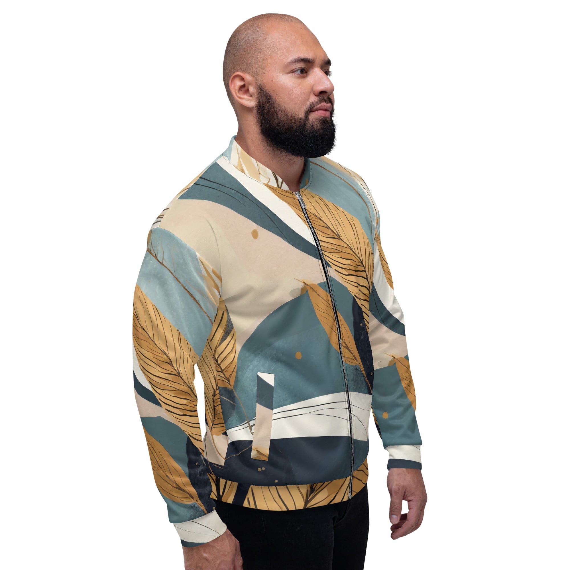 Men's Bomber Jacket featuring a vibrant Boho style print, zip-front closure, and ribbed cuffs, perfect for stylish layering.