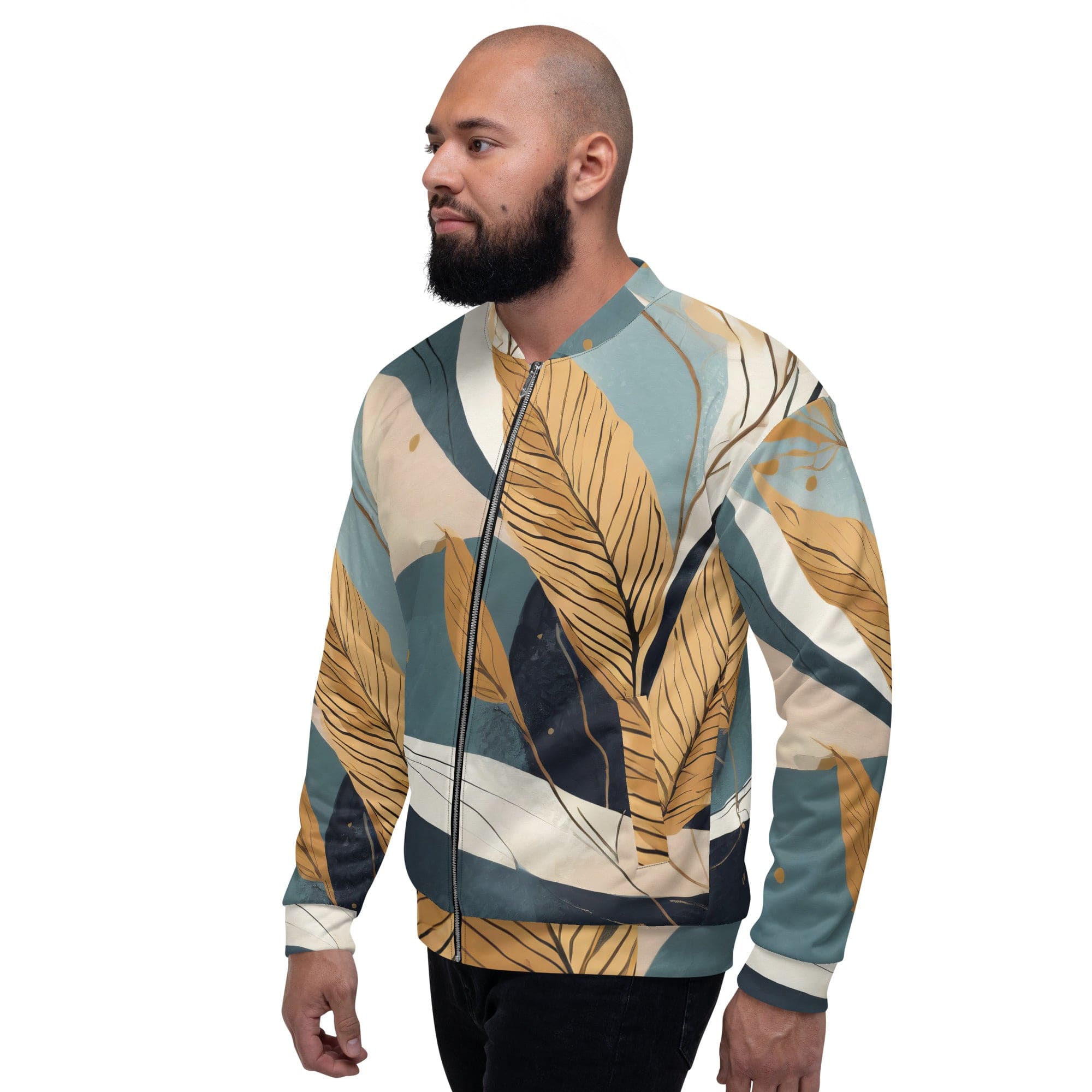 Men's Bomber Jacket featuring a vibrant Boho style print, zip-front closure, and ribbed cuffs, perfect for stylish layering.