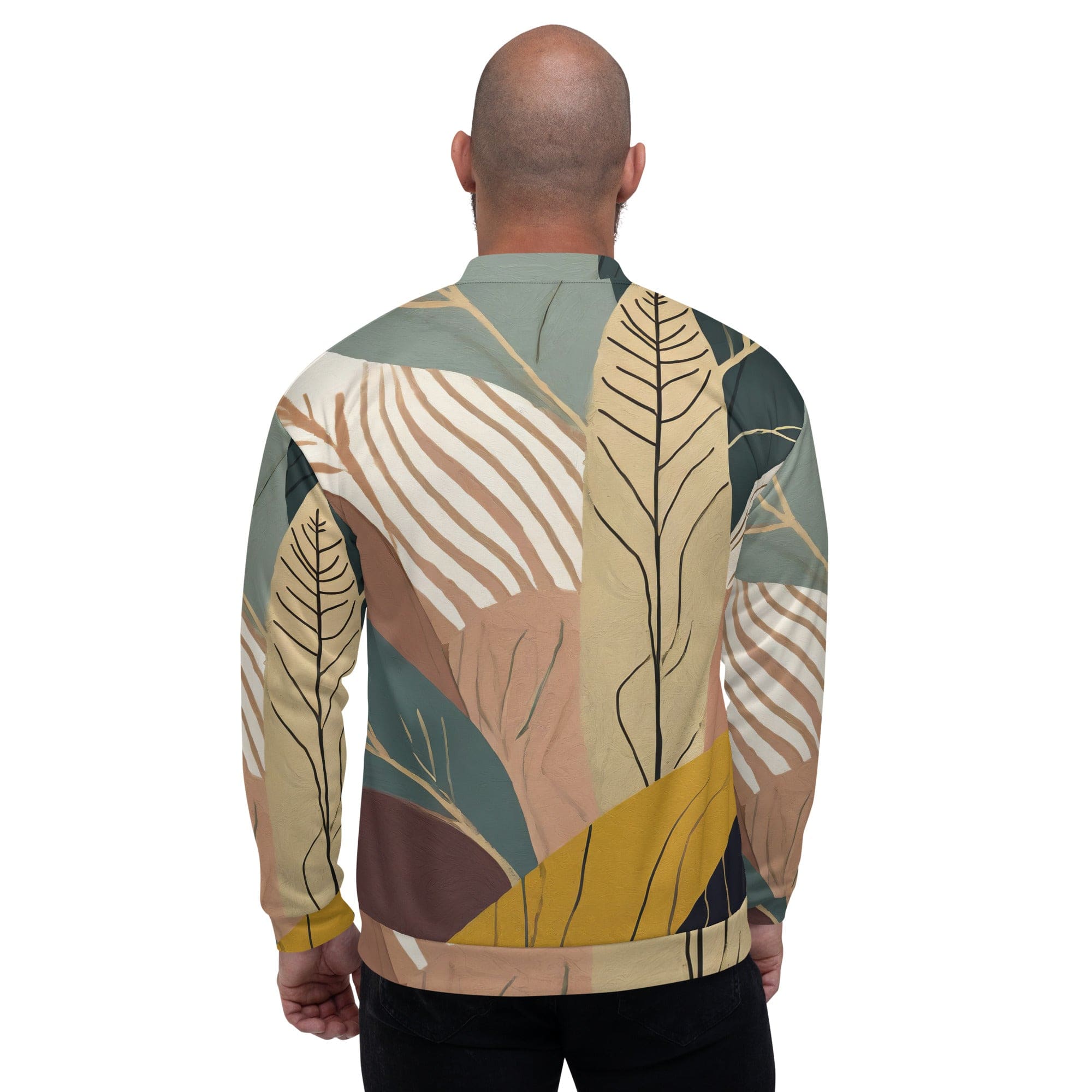 Men's Bomber Jacket featuring a vibrant Boho style print, zip-front closure, and ribbed cuffs, perfect for casual and dressy occasions.