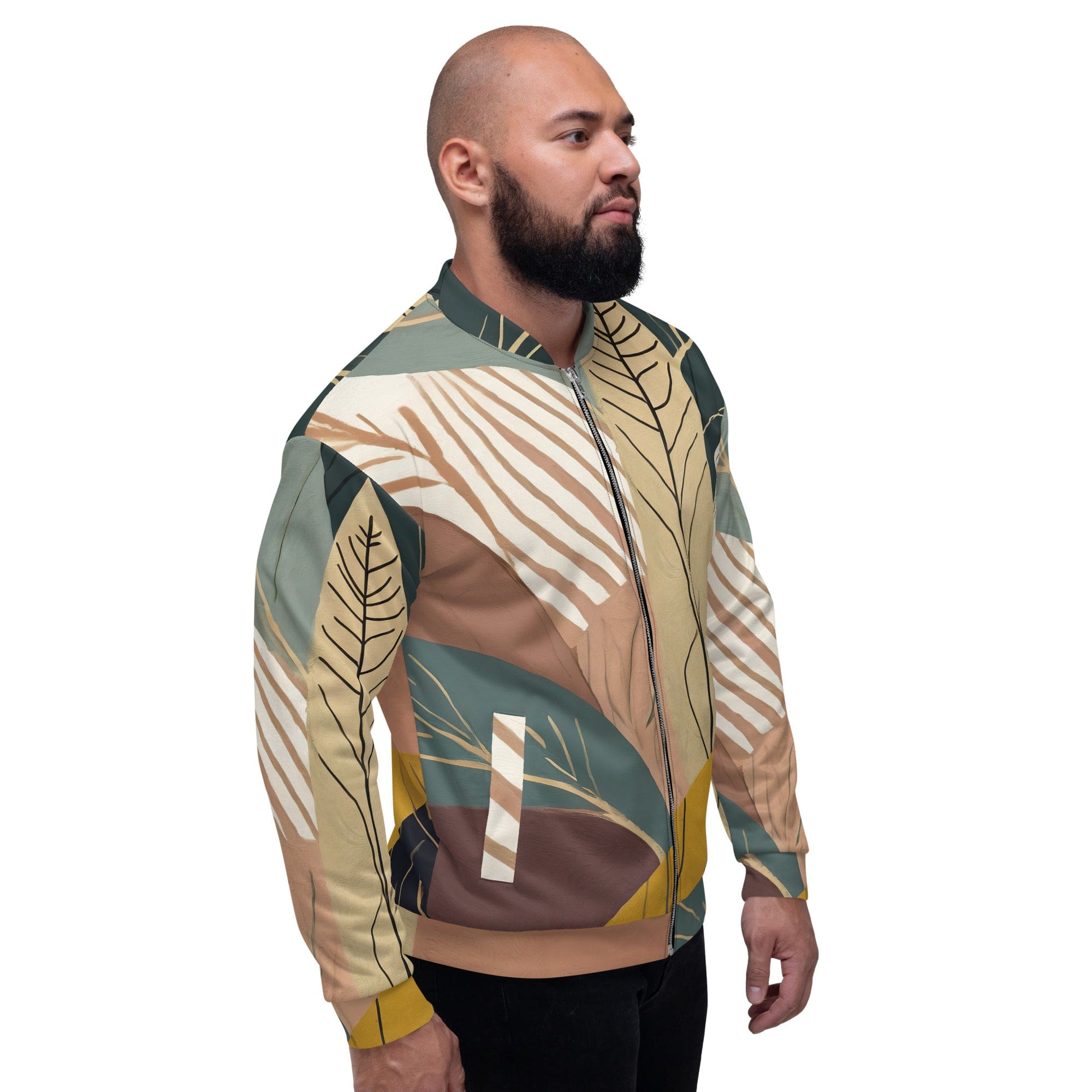 Men's Bomber Jacket featuring a vibrant Boho style print, zip-front closure, and ribbed cuffs, perfect for casual and dressy occasions.