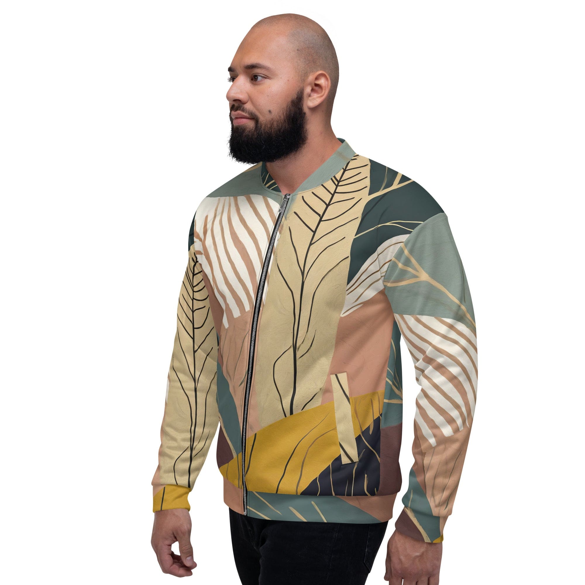 Men's Bomber Jacket featuring a vibrant Boho style print, zip-front closure, and ribbed cuffs, perfect for casual and dressy occasions.