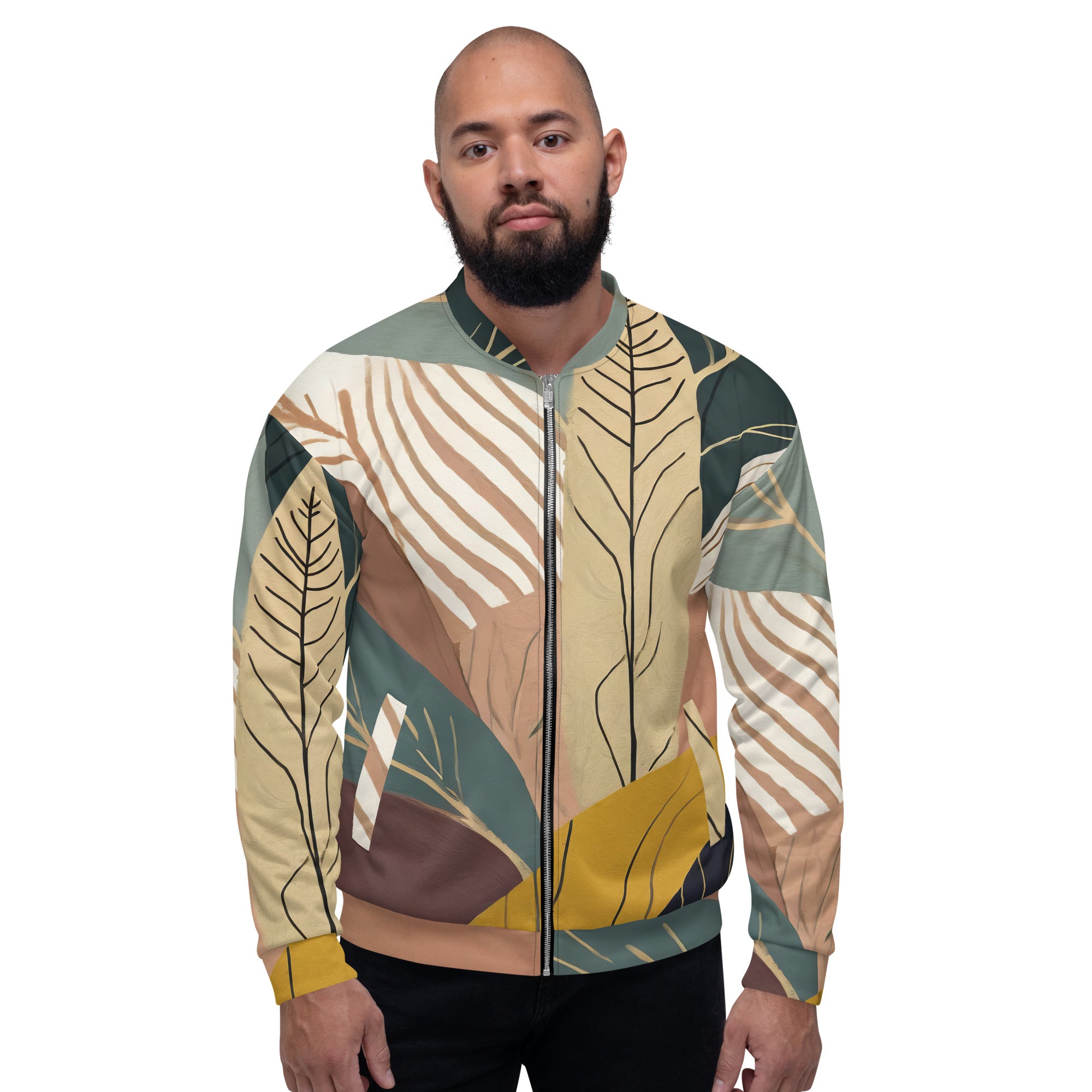 Men's Bomber Jacket featuring a vibrant Boho style print, zip-front closure, and ribbed cuffs, perfect for casual and dressy occasions.