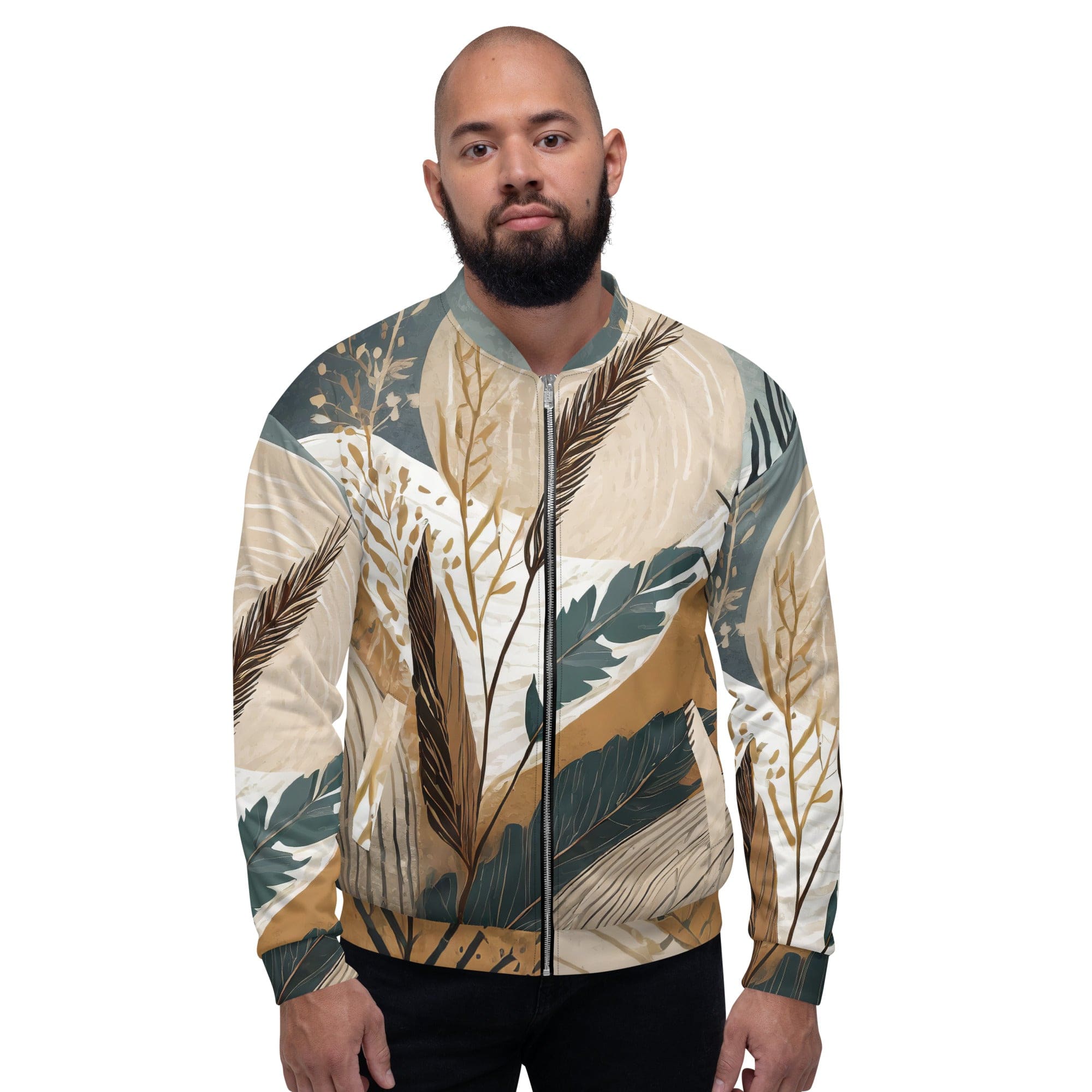 Men's bomber jacket featuring a vibrant Boho style print, zip-front closure, and ribbed cuffs, perfect for stylish layering.