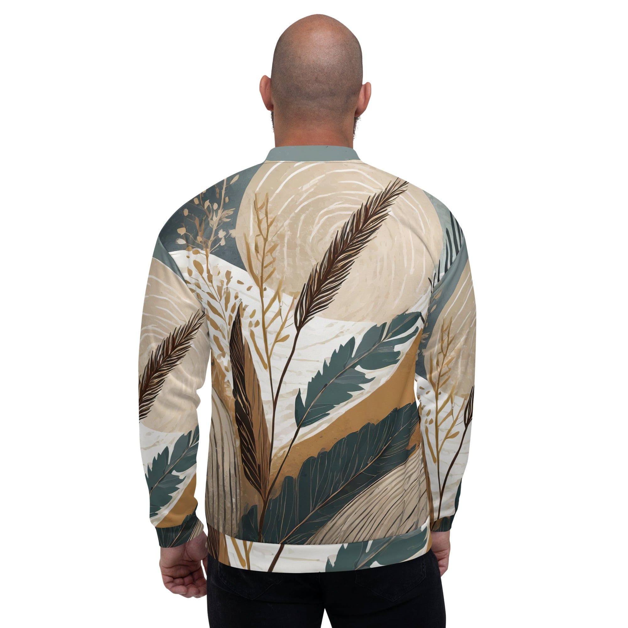 Men's bomber jacket featuring a vibrant Boho style print, zip-front closure, and ribbed cuffs, perfect for stylish layering.