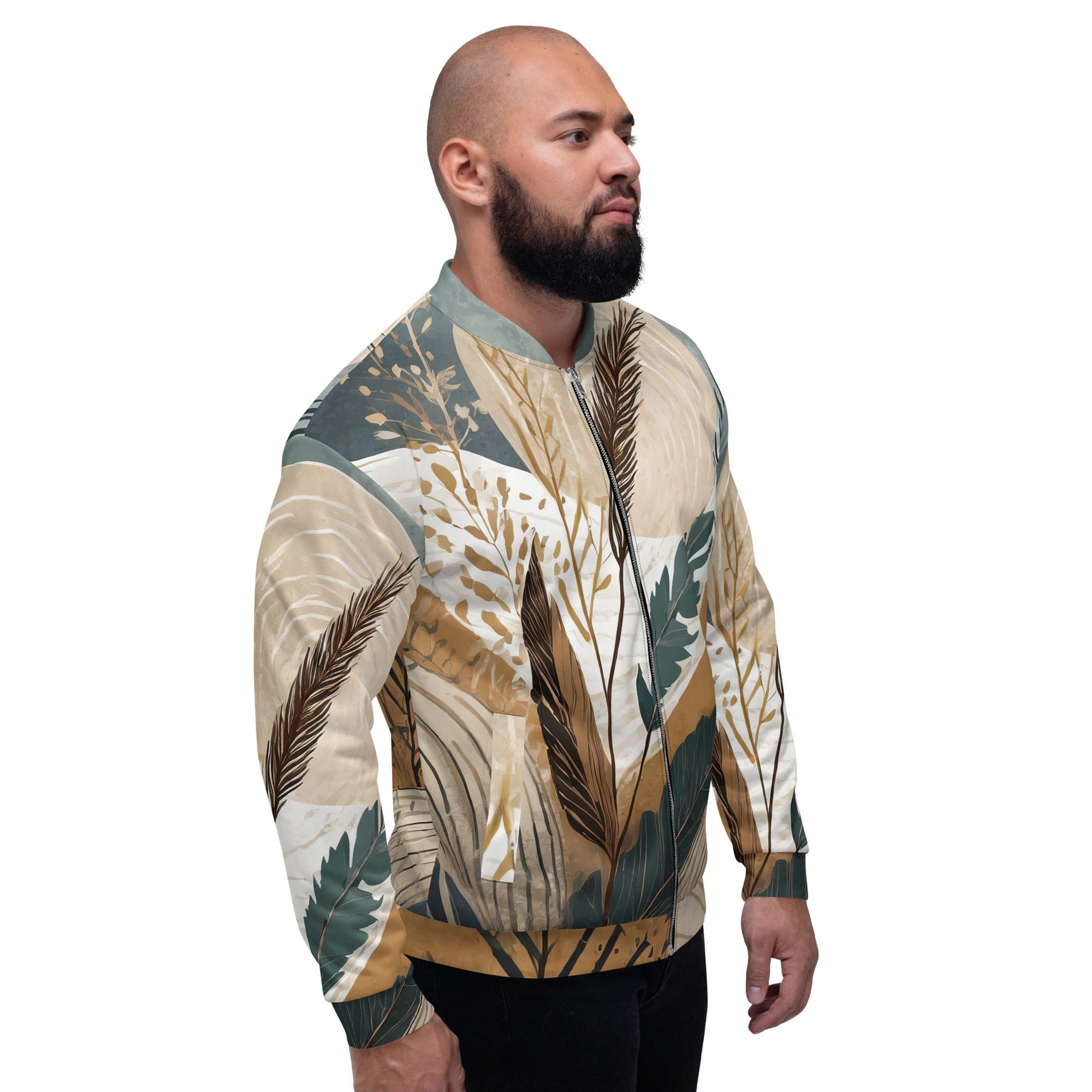 Men's bomber jacket featuring a vibrant Boho style print, zip-front closure, and ribbed cuffs, perfect for stylish layering.