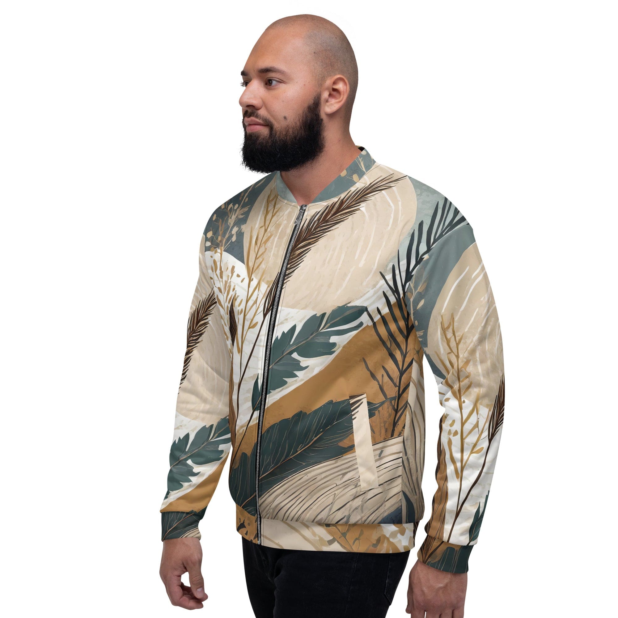 Men's bomber jacket featuring a vibrant Boho style print, zip-front closure, and ribbed cuffs, perfect for stylish layering.