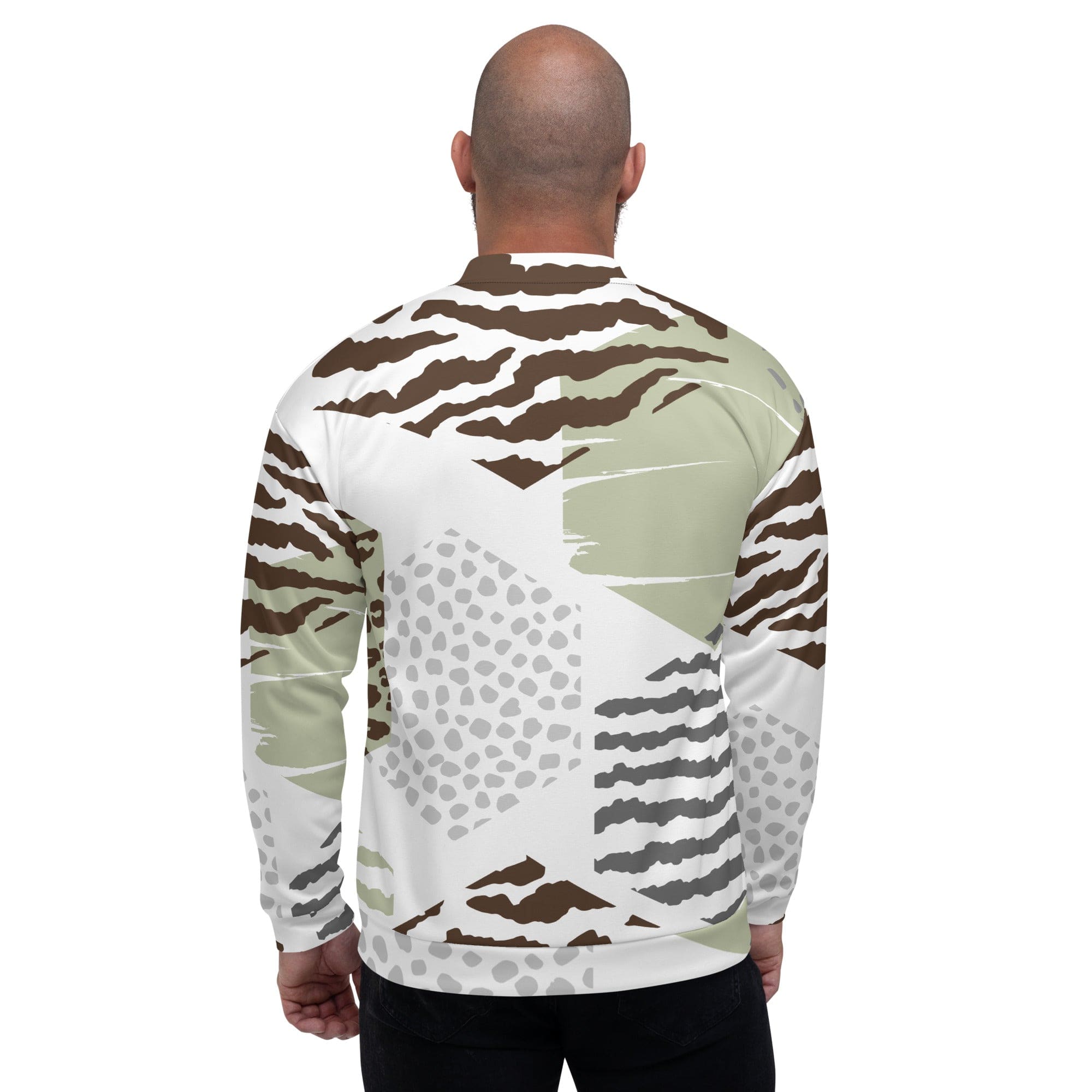 Men's bomber jacket featuring a brown, green, and grey geometric hexagon print, zip-front closure, and ribbed cuffs.