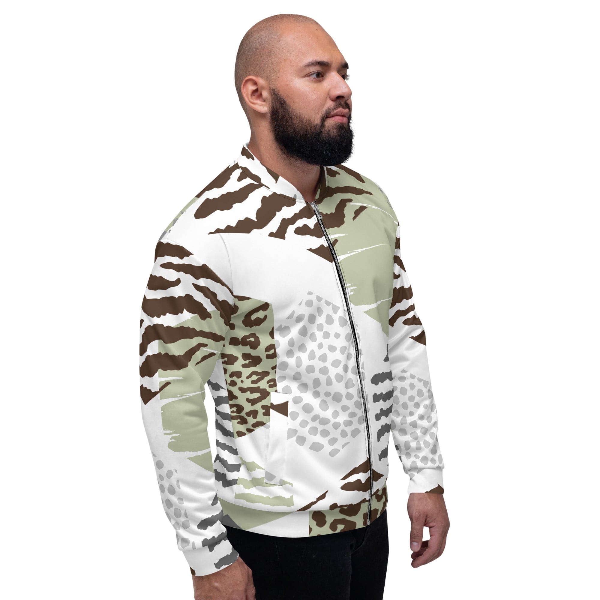 Men's bomber jacket featuring a brown, green, and grey geometric hexagon print, zip-front closure, and ribbed cuffs.