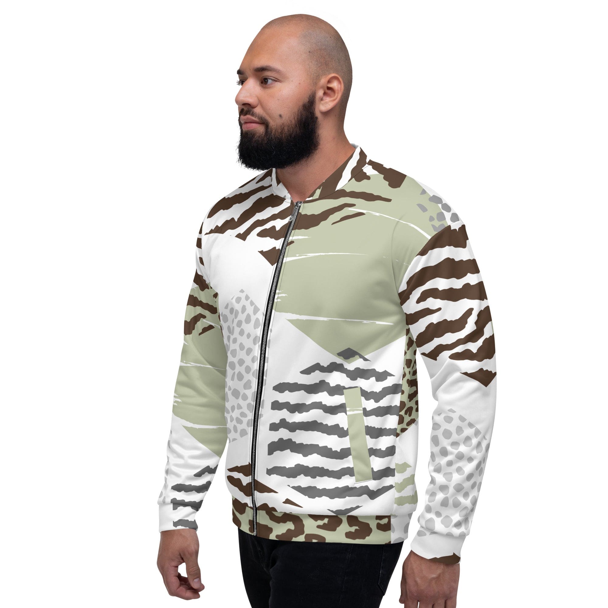 Men's bomber jacket featuring a brown, green, and grey geometric hexagon print, zip-front closure, and ribbed cuffs.