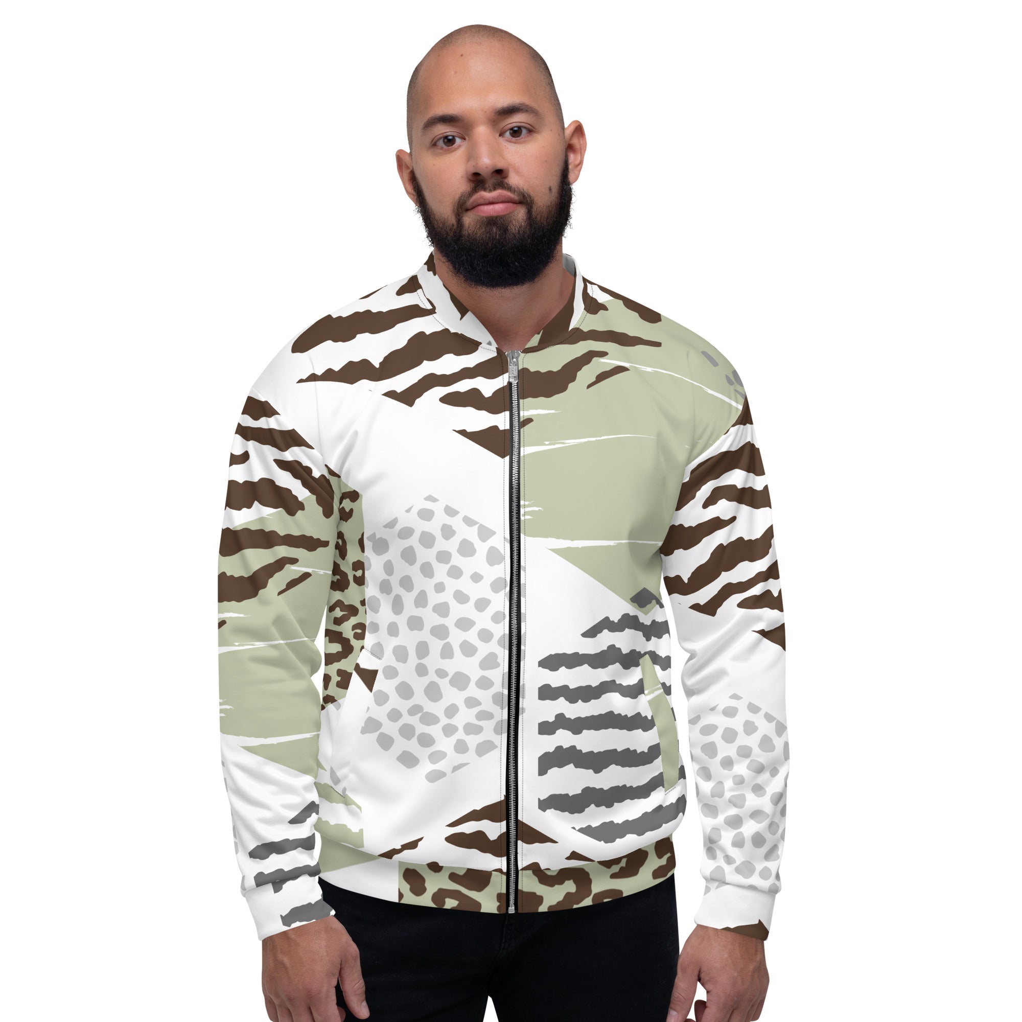 Men's bomber jacket featuring a brown, green, and grey geometric hexagon print, zip-front closure, and ribbed cuffs.