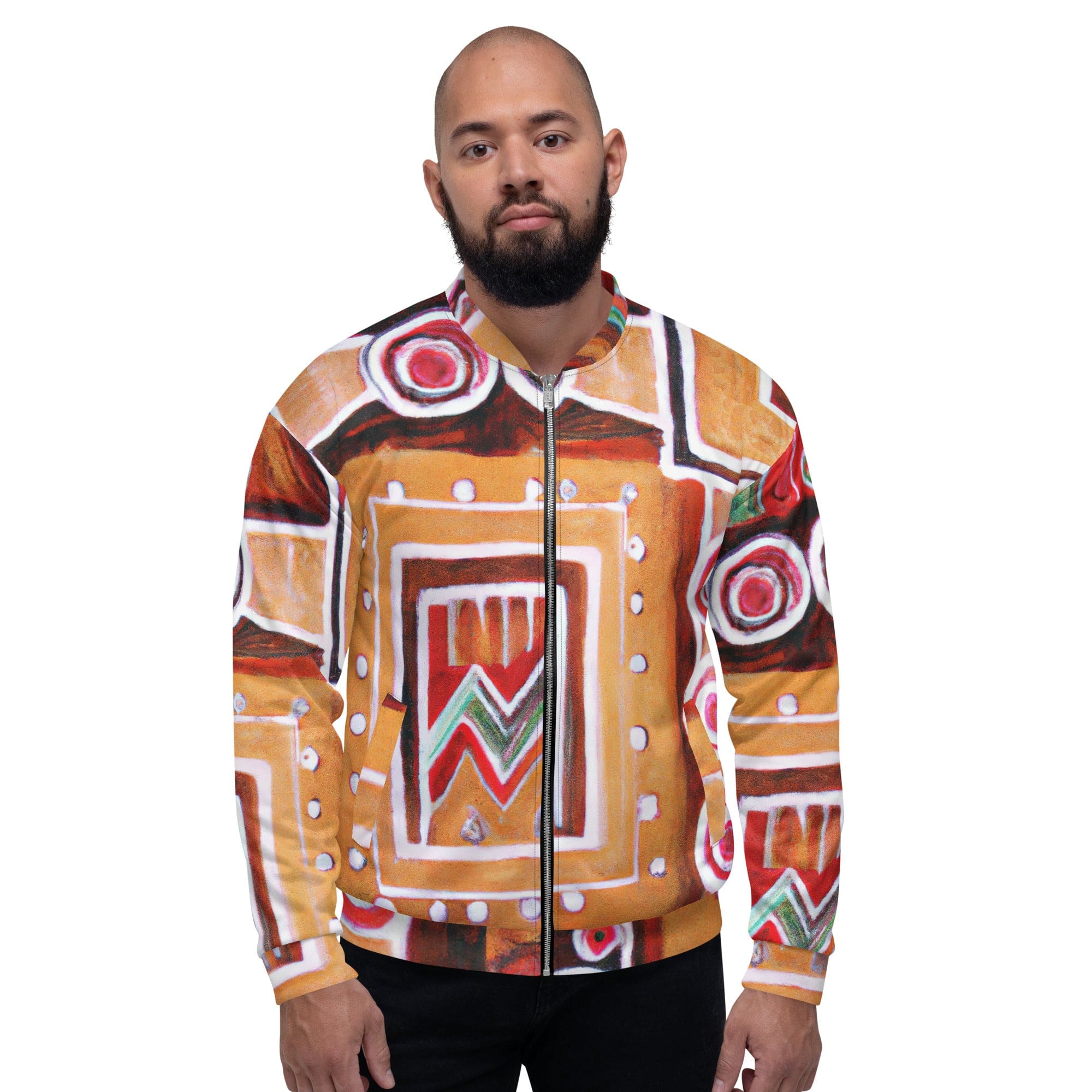 Men's bomber jacket featuring a brown, orange, and green Aztec pattern with zip-front closure and ribbed cuffs.