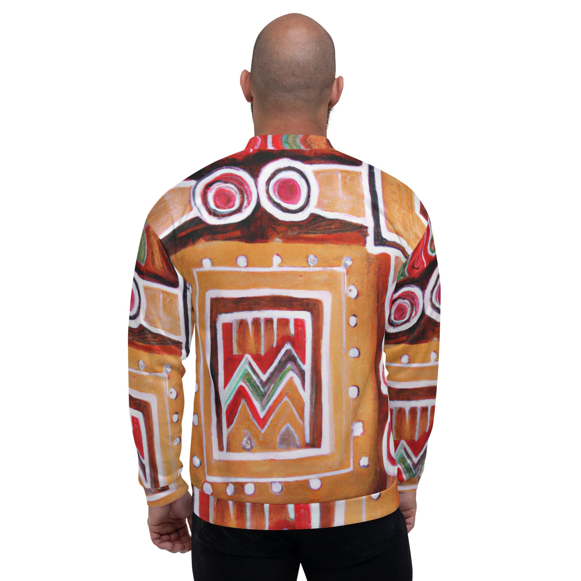 Men's bomber jacket featuring a brown, orange, and green Aztec pattern with zip-front closure and ribbed cuffs.