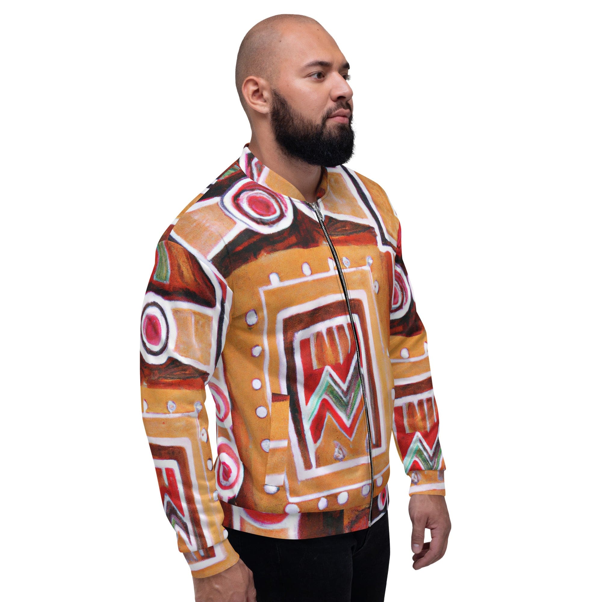 Men's bomber jacket featuring a brown, orange, and green Aztec pattern with zip-front closure and ribbed cuffs.