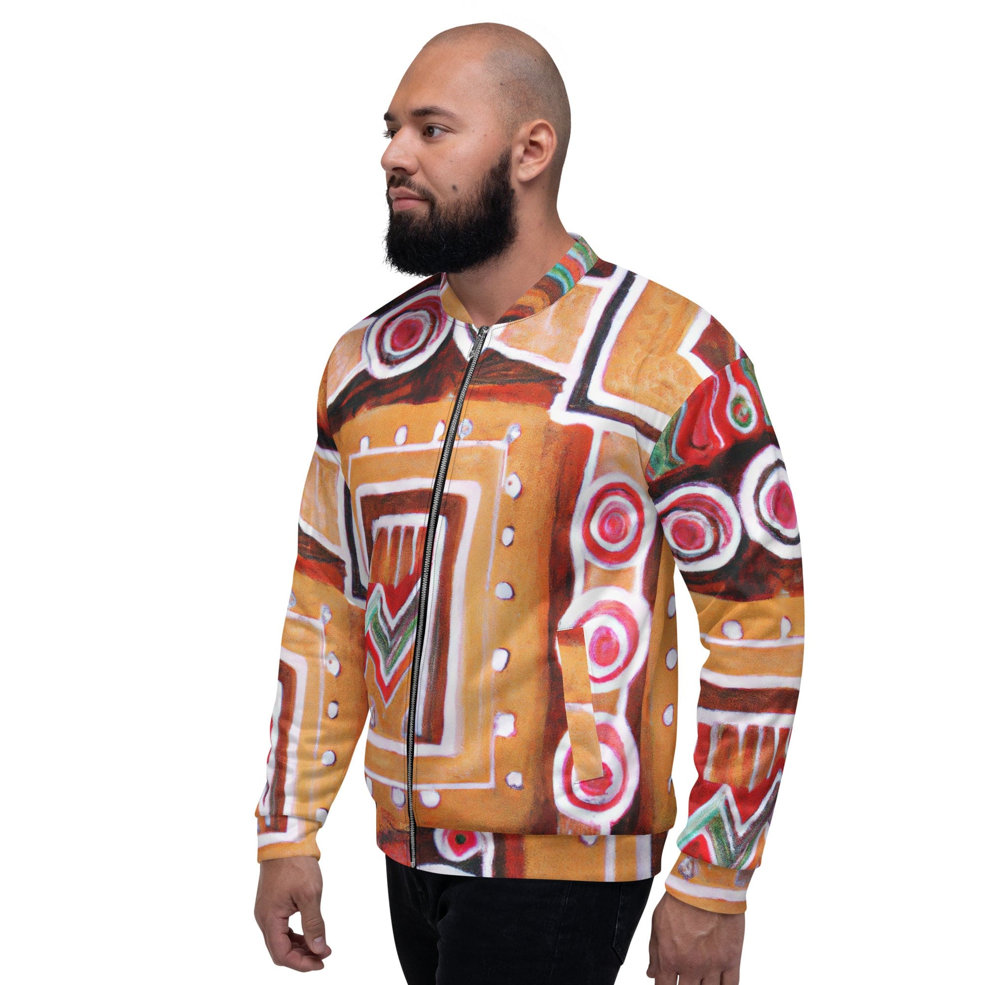 Men's bomber jacket featuring a brown, orange, and green Aztec pattern with zip-front closure and ribbed cuffs.