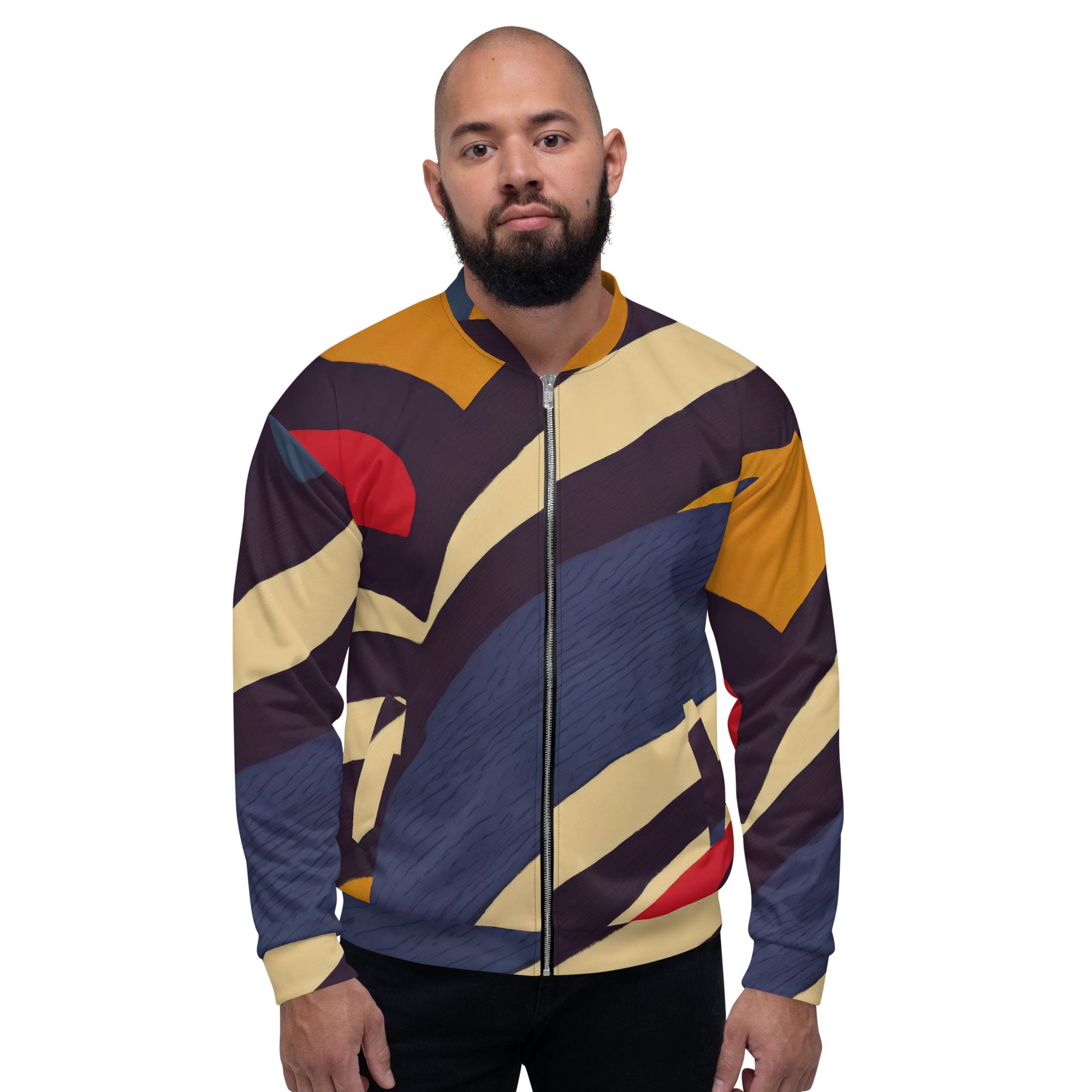 Men's bomber jacket featuring a brown, red, and blue colorblock design with zip-front closure and ribbed cuffs.