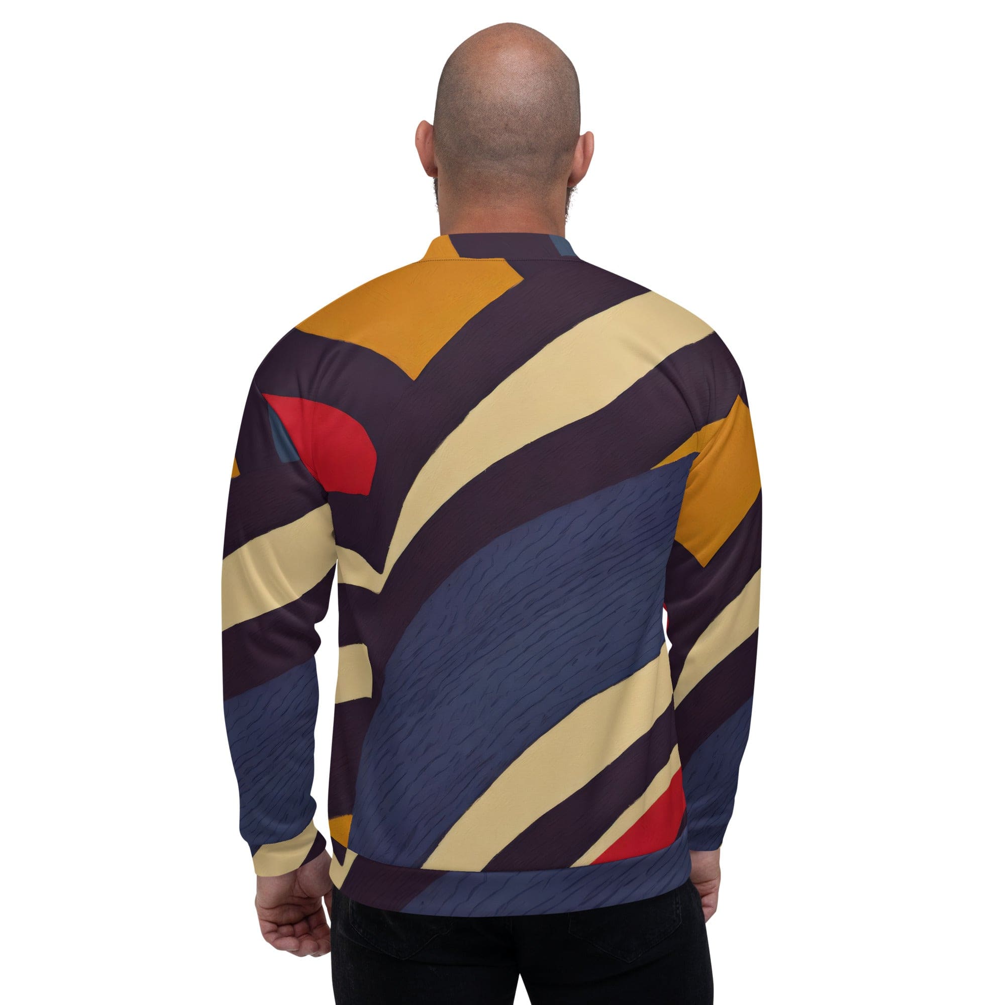 Men's bomber jacket featuring a brown, red, and blue colorblock design with zip-front closure and ribbed cuffs.