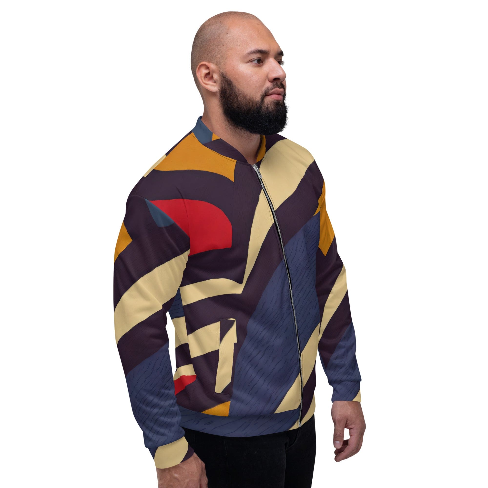 Men's bomber jacket featuring a brown, red, and blue colorblock design with zip-front closure and ribbed cuffs.