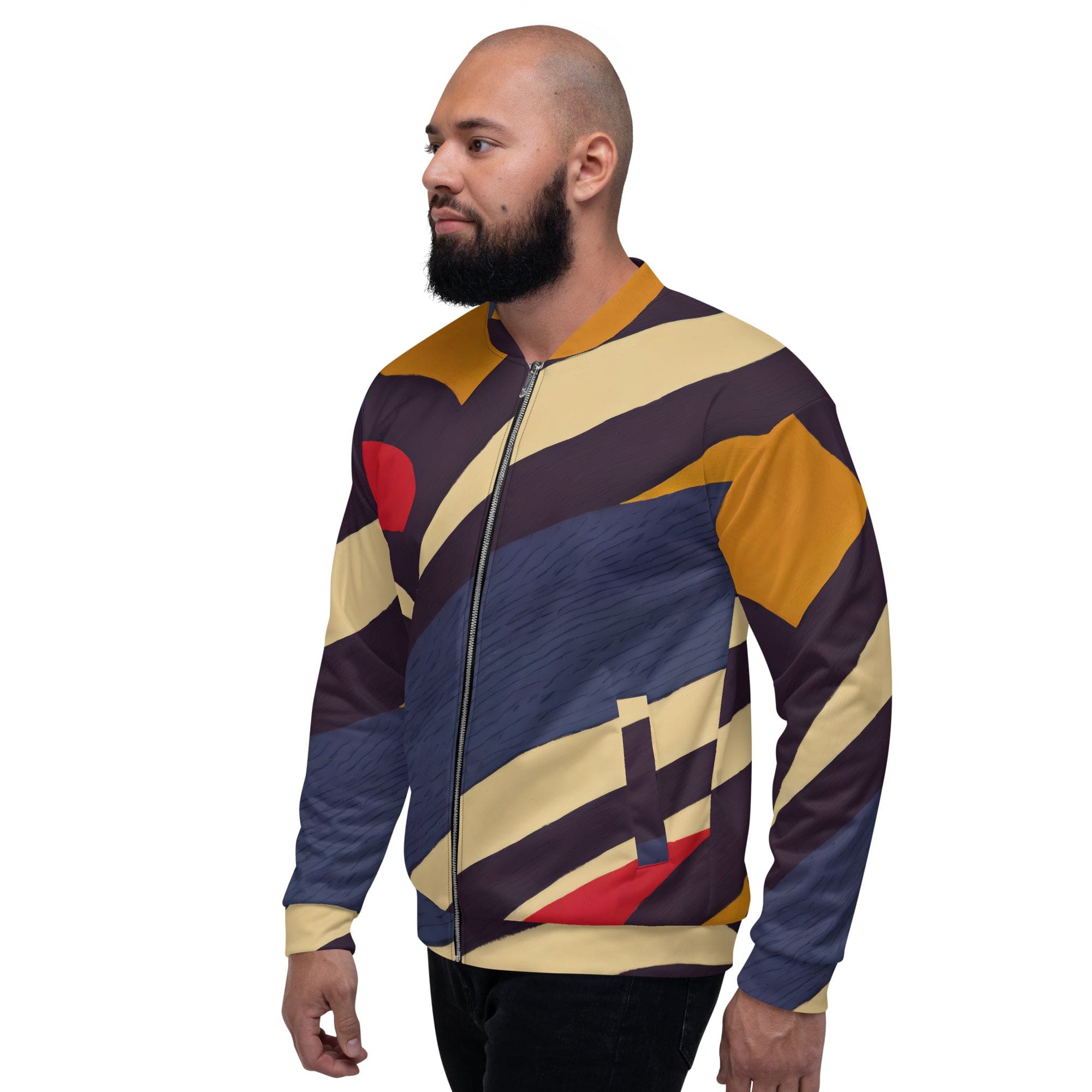 Men's bomber jacket featuring a brown, red, and blue colorblock design with zip-front closure and ribbed cuffs.