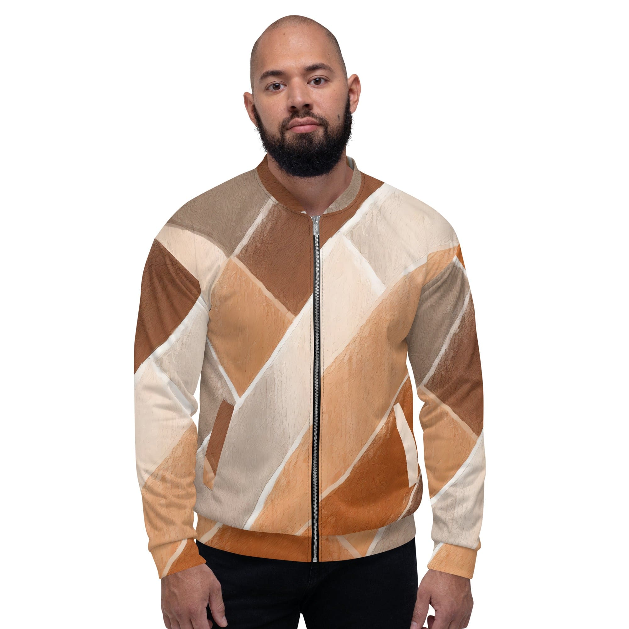 Men's bomber jacket featuring a brown rustic watercolors print, zip-front closure, and ribbed cuffs, ideal for stylish layering.