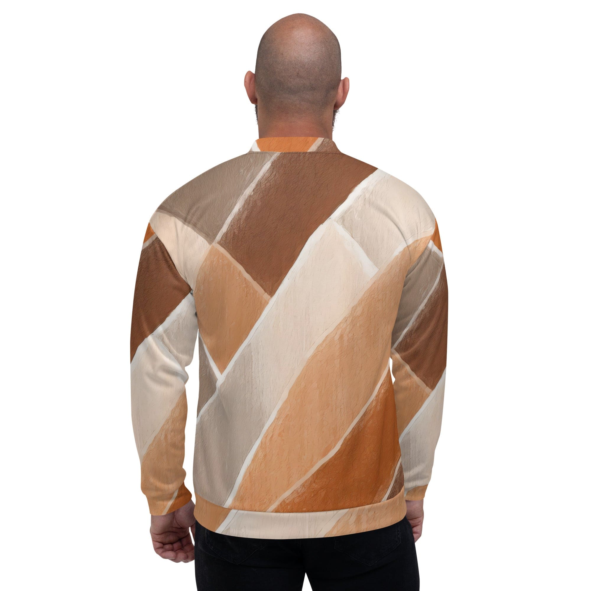 Men's bomber jacket featuring a brown rustic watercolors print, zip-front closure, and ribbed cuffs, ideal for stylish layering.