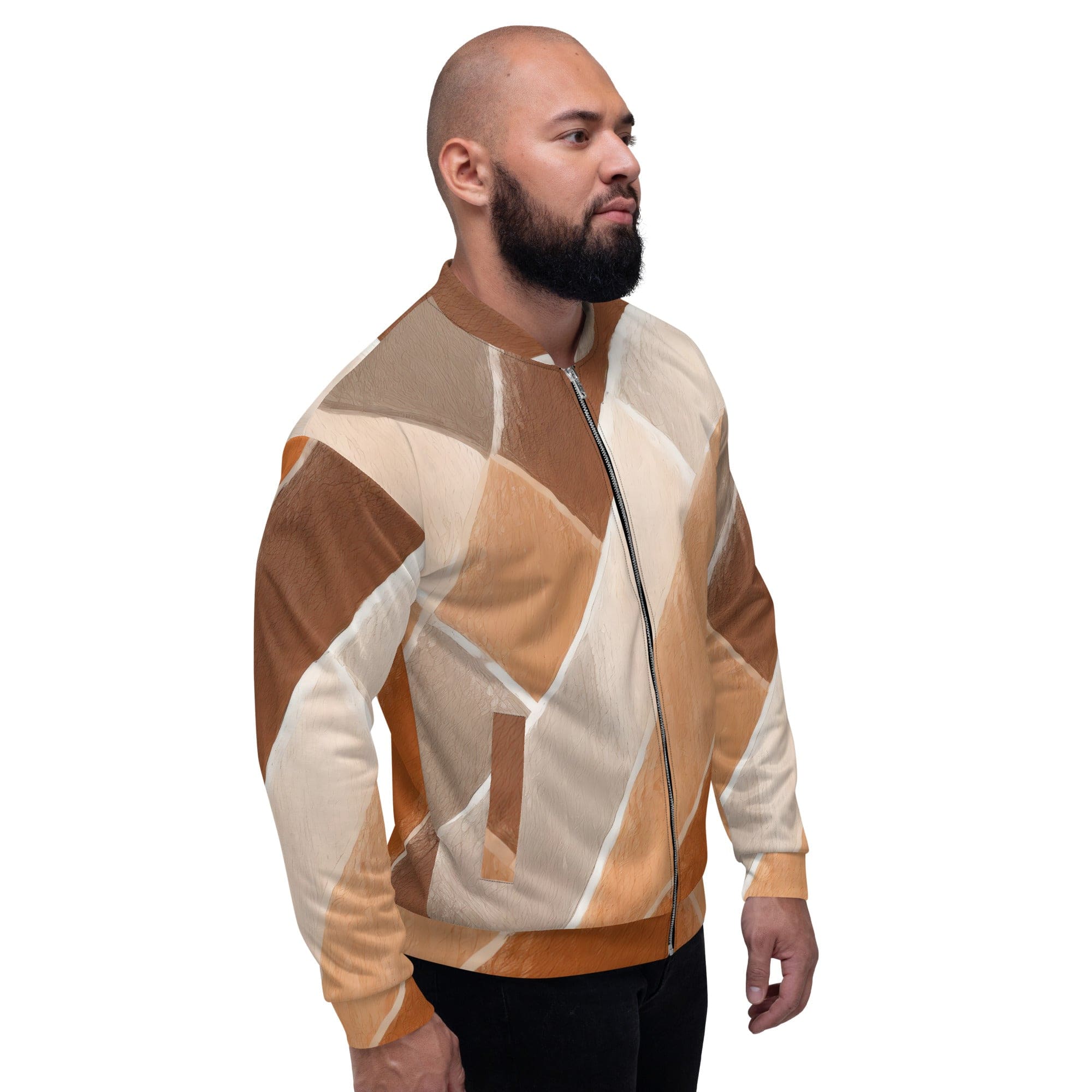 Men's bomber jacket featuring a brown rustic watercolors print, zip-front closure, and ribbed cuffs, ideal for stylish layering.