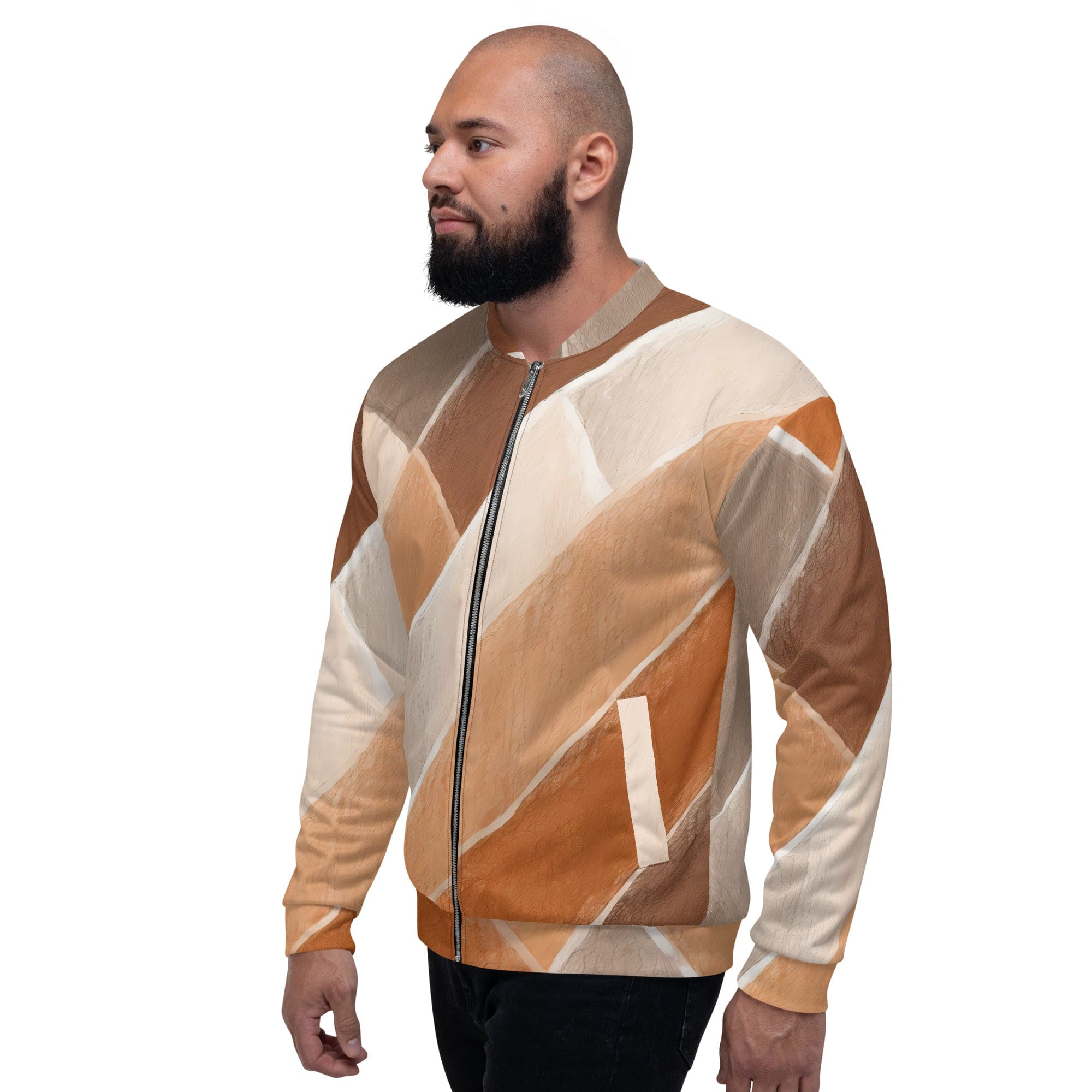 Men's bomber jacket featuring a brown rustic watercolors print, zip-front closure, and ribbed cuffs, ideal for stylish layering.