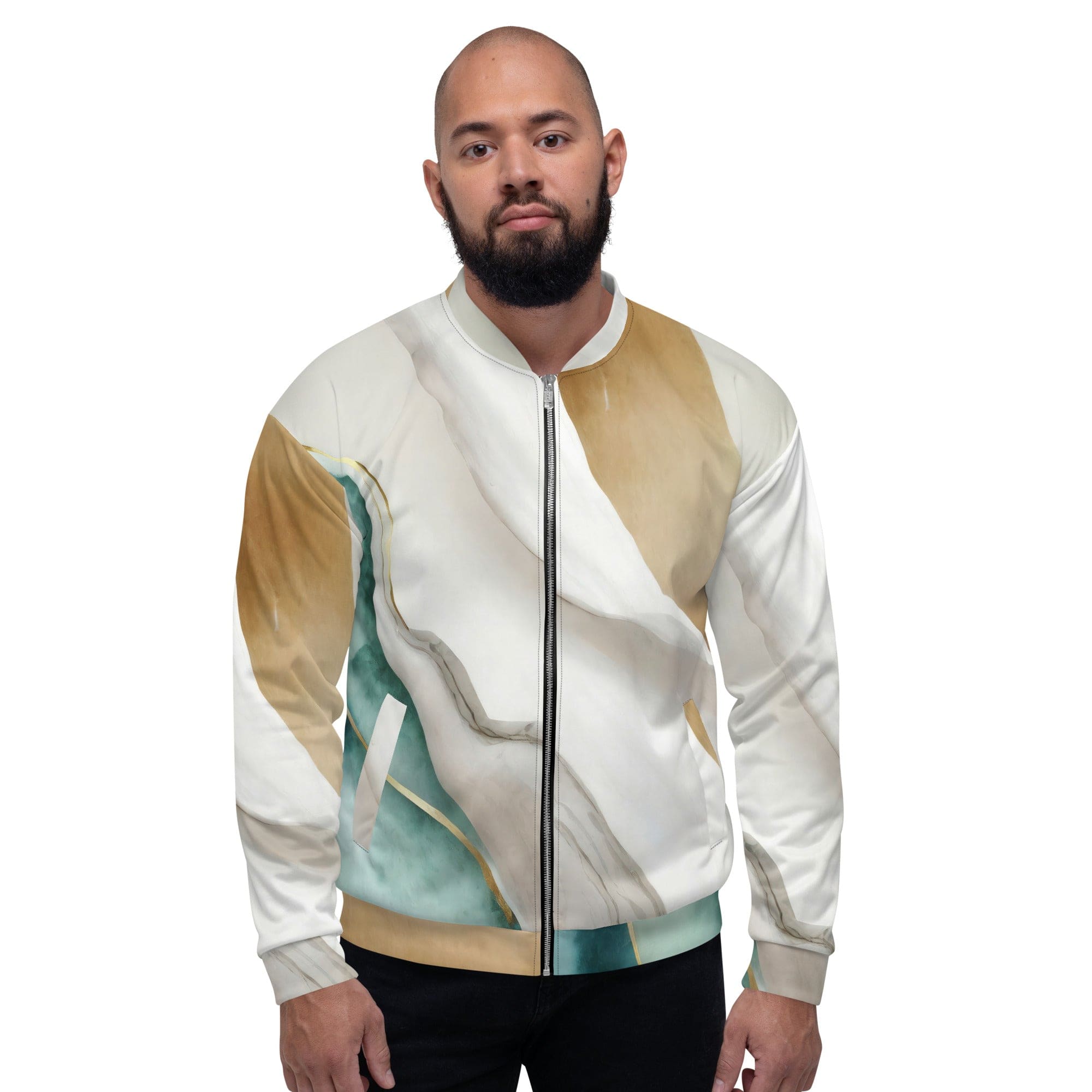 Men's bomber jacket featuring a cream white and green marbled print, zip-front closure, and ribbed cuffs, ideal for stylish layering.