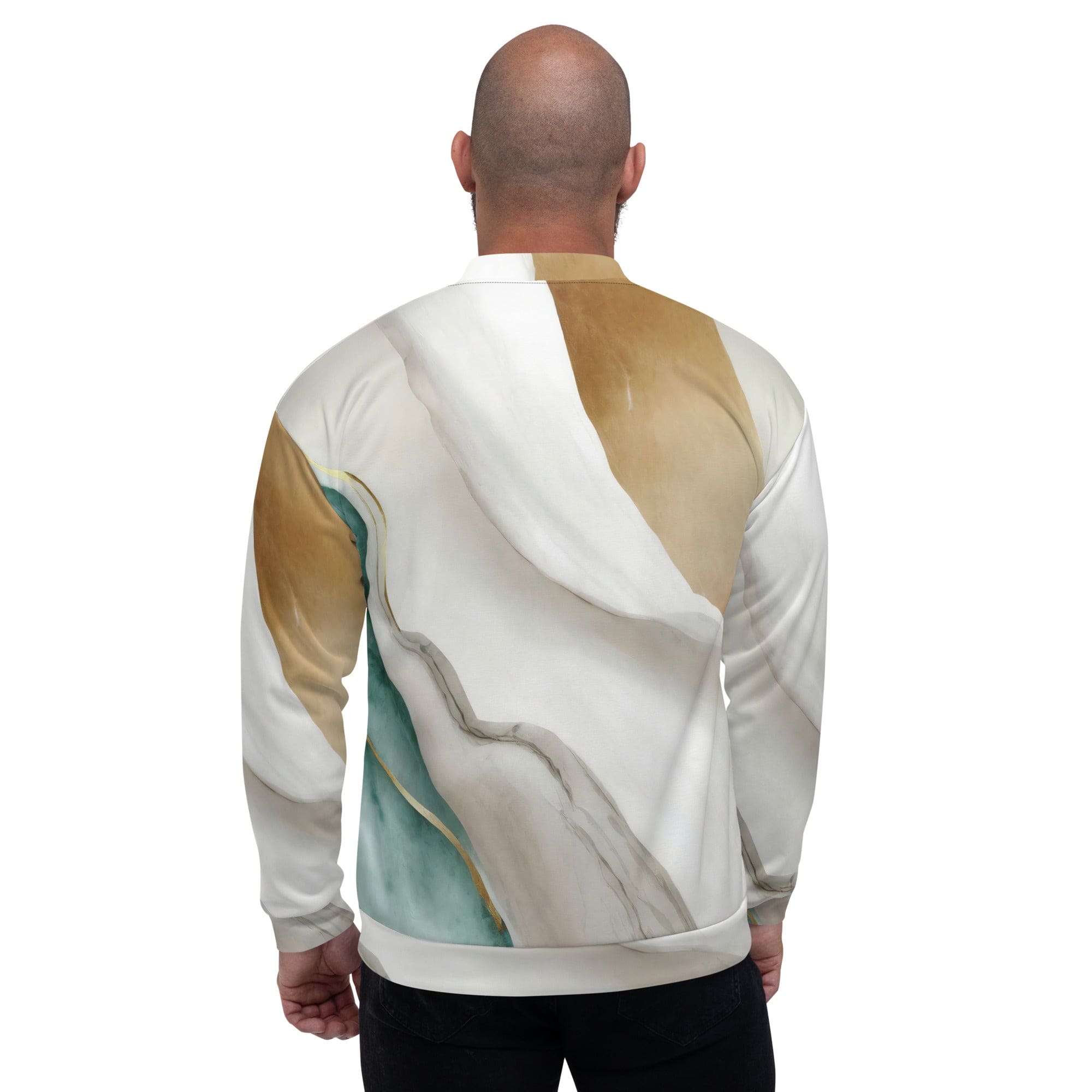 Men's bomber jacket featuring a cream white and green marbled print, zip-front closure, and ribbed cuffs, ideal for stylish layering.