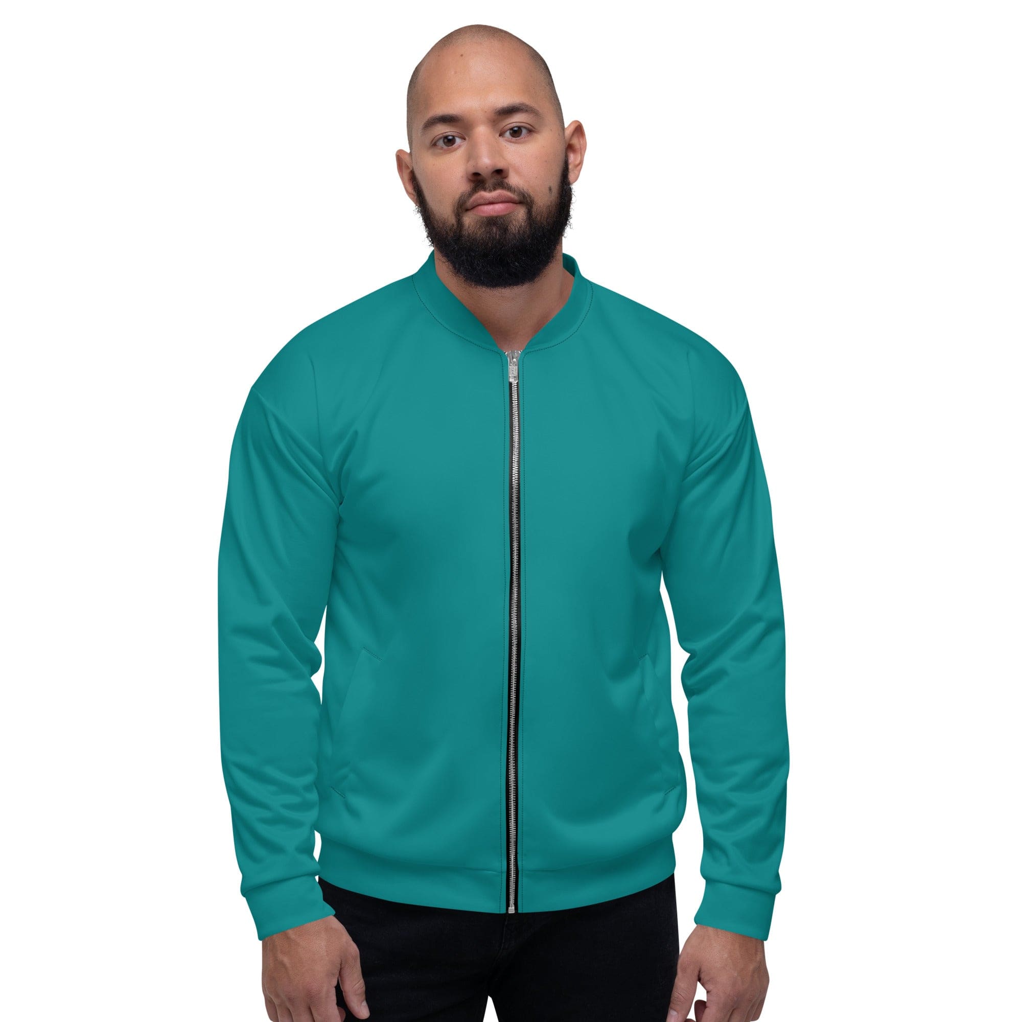 Men's bomber jacket in dark teal green with zip-front closure and ribbed cuffs, featuring multiple pockets for essentials.