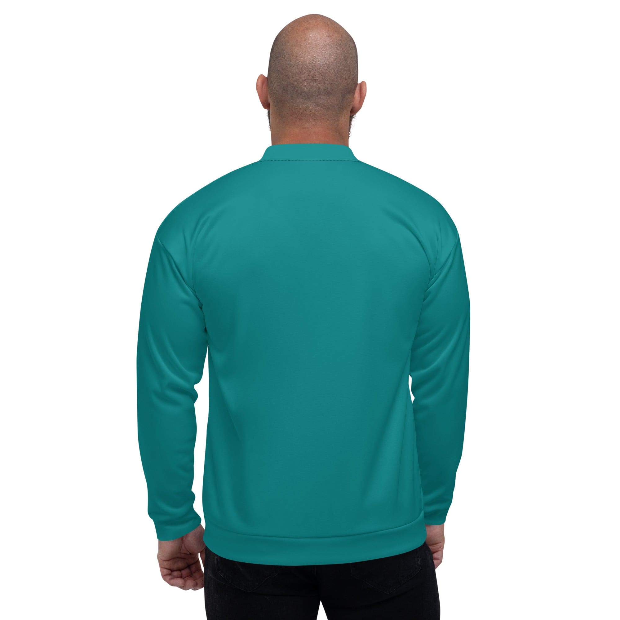 Men's bomber jacket in dark teal green with zip-front closure and ribbed cuffs, featuring multiple pockets for essentials.