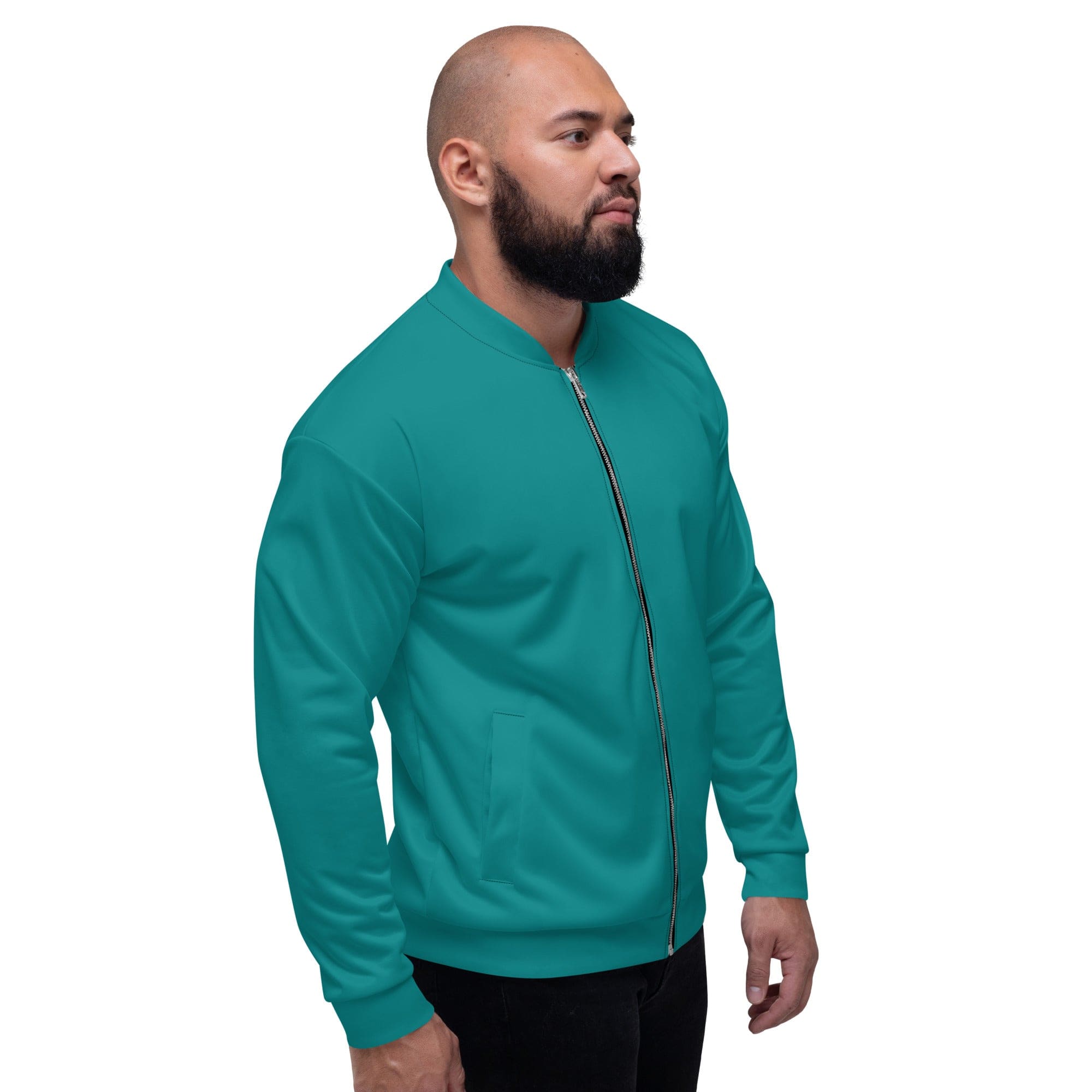 Men's bomber jacket in dark teal green with zip-front closure and ribbed cuffs, featuring multiple pockets for essentials.