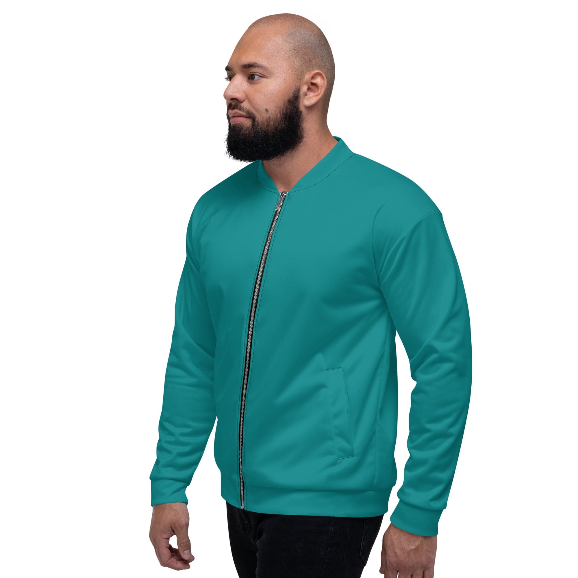 Men's bomber jacket in dark teal green with zip-front closure and ribbed cuffs, featuring multiple pockets for essentials.