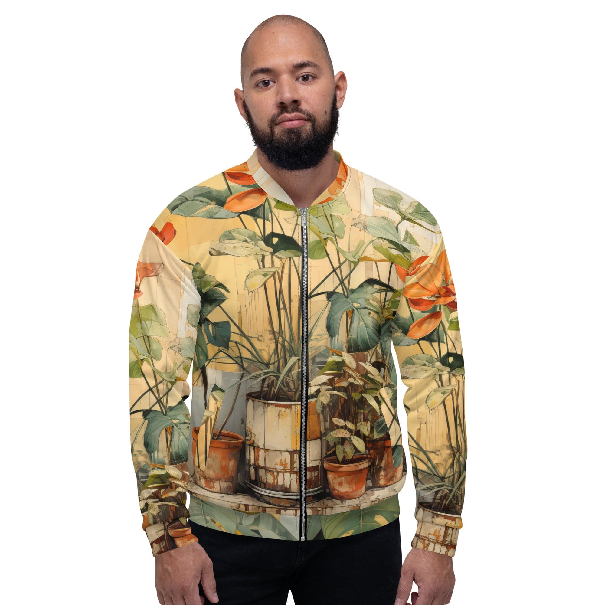 Men's bomber jacket featuring an earthy rustic potted plants print, zip-front closure, and ribbed cuffs, ideal for stylish layering.