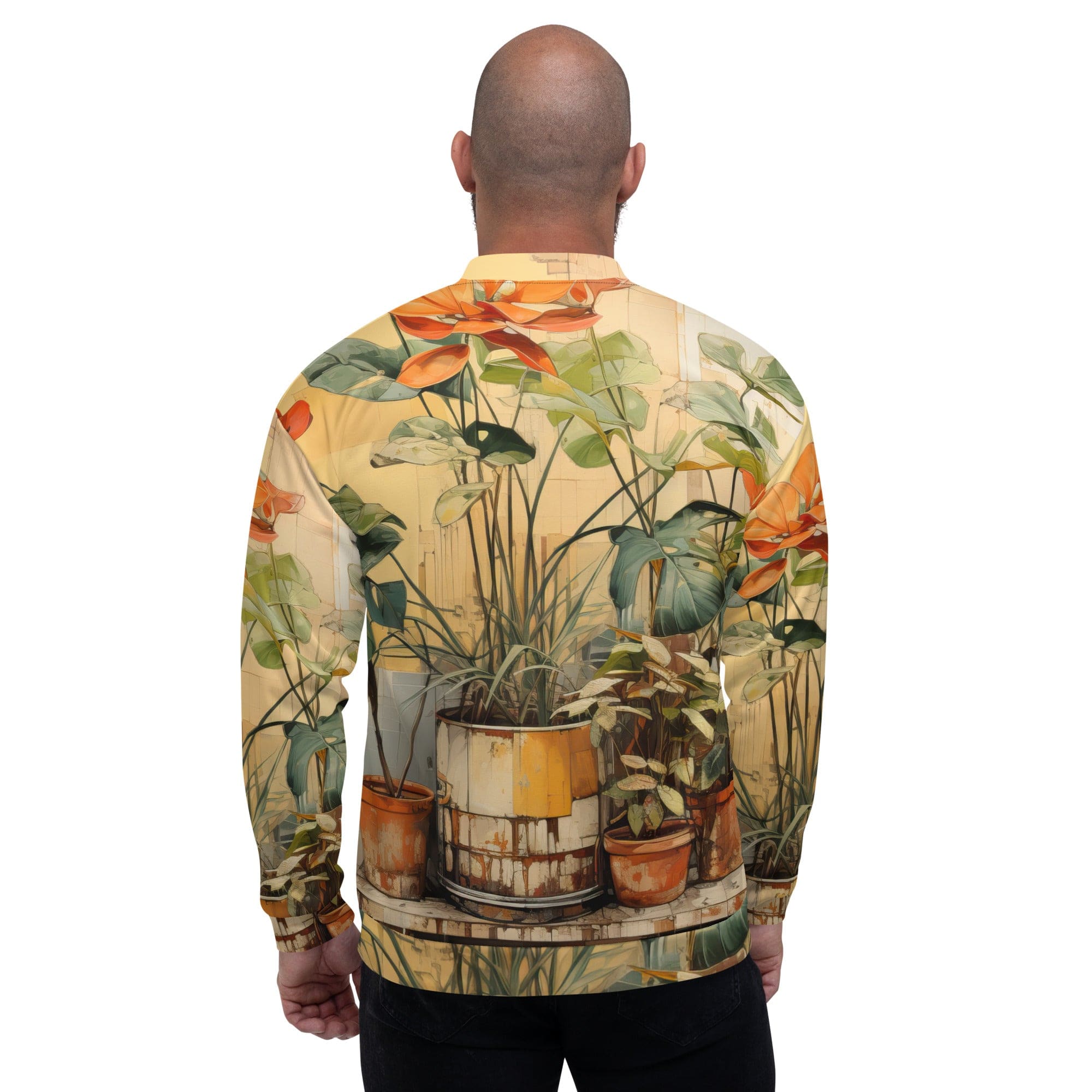 Men's bomber jacket featuring an earthy rustic potted plants print, zip-front closure, and ribbed cuffs, ideal for stylish layering.