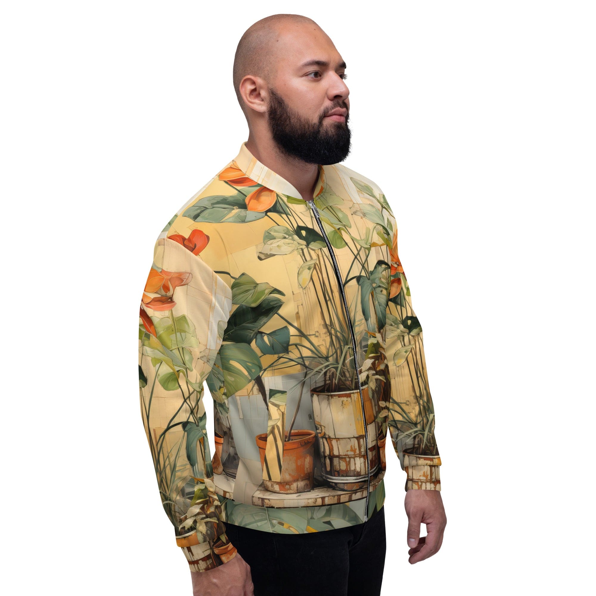 Men's bomber jacket featuring an earthy rustic potted plants print, zip-front closure, and ribbed cuffs, ideal for stylish layering.